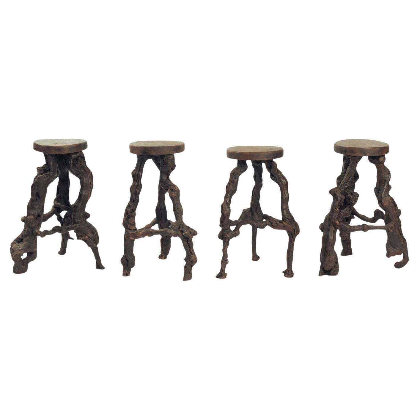 4 Handcrafted Brutalist Tripod Vine Wood And Oak Barstools, France, 1950s