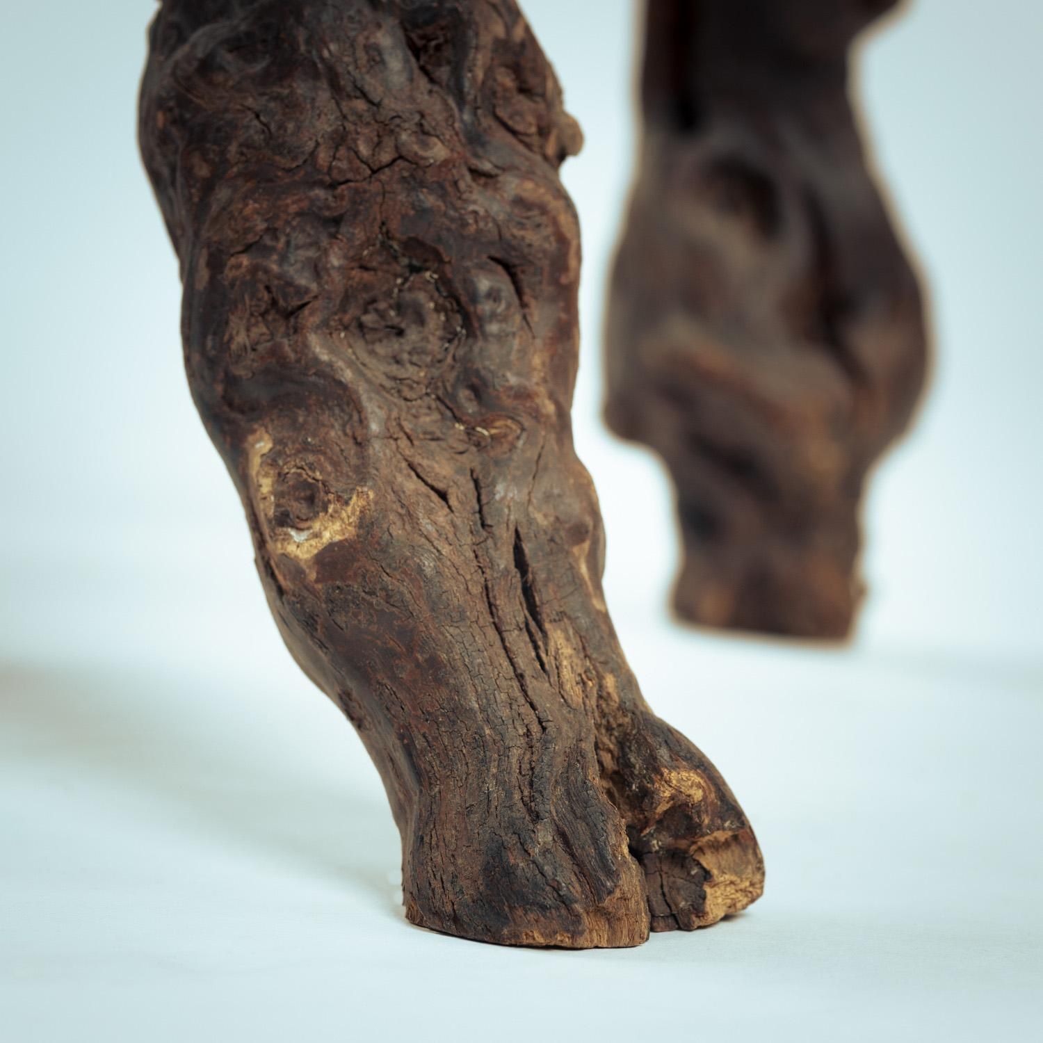 Furniture 4 Handcrafted Brutalist Tripod Vine Wood And Oak Barstools, France, 1950s photo
