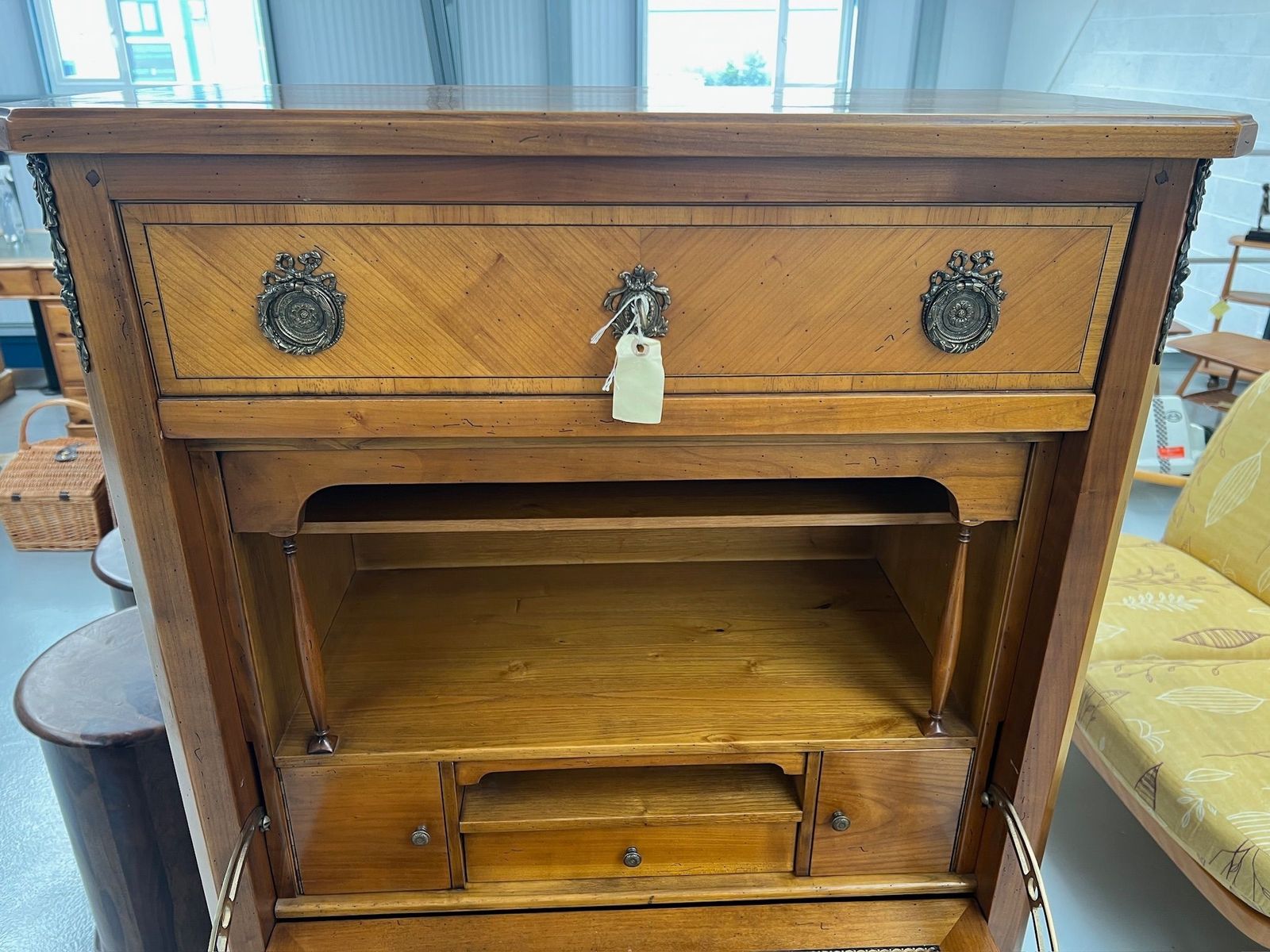 French Style Hardwood Drop Flat Writing Bureau With 3 Drawers photo for sale