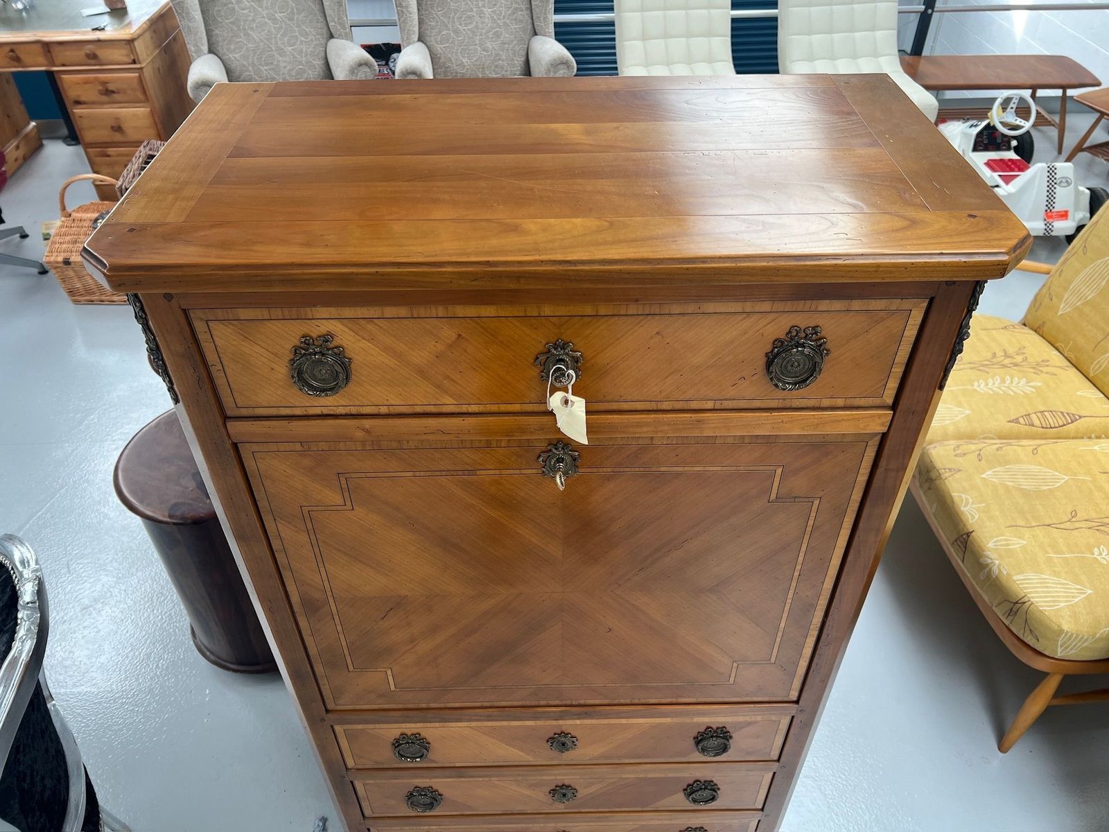 French Style Hardwood Drop Flat Writing Bureau With 3 Drawers photo vinterior