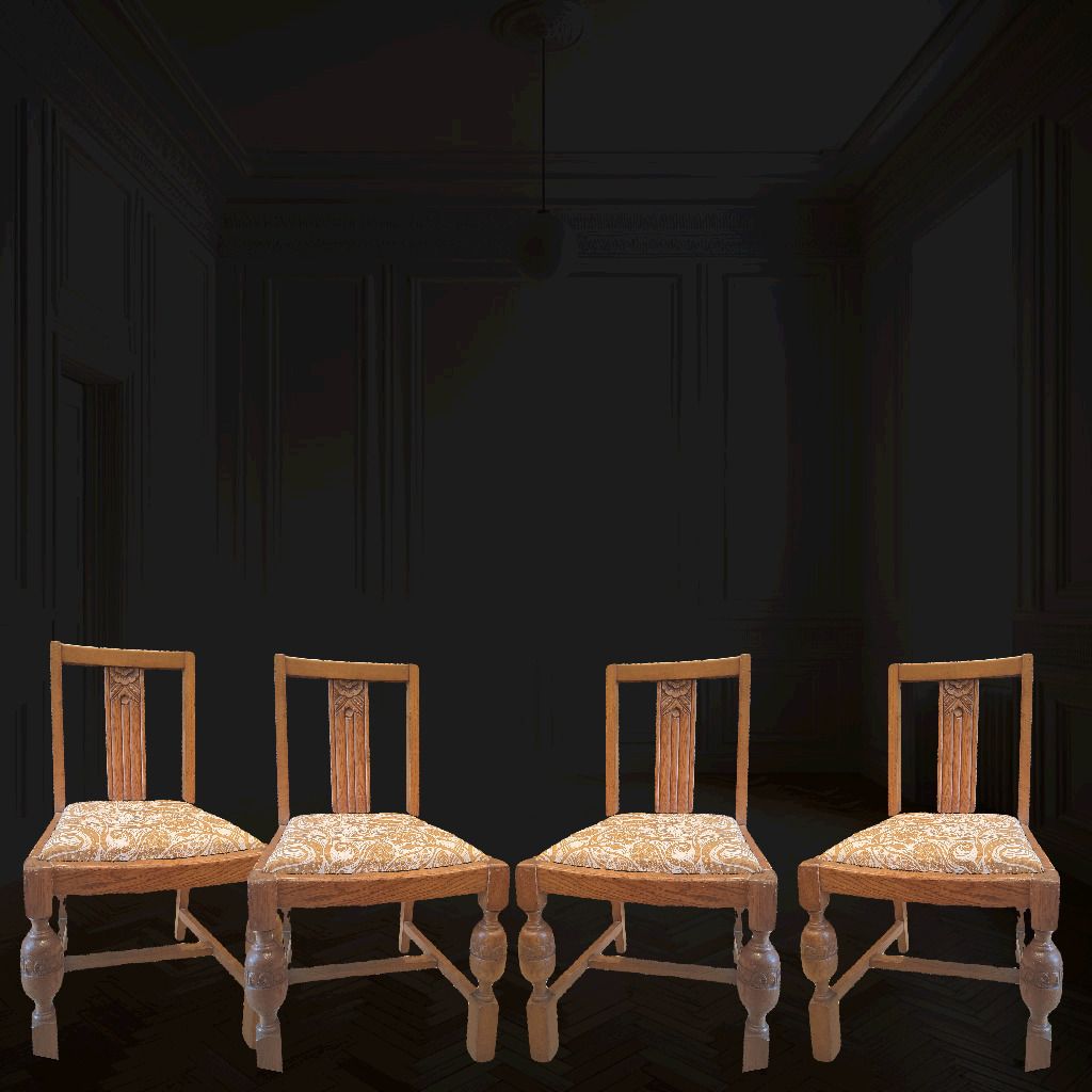Set Of Four Mid Century Oak Dining Chairs – Handcrafted, Newly Restored, With Unique Mark Hearld Upholstery photo furniture