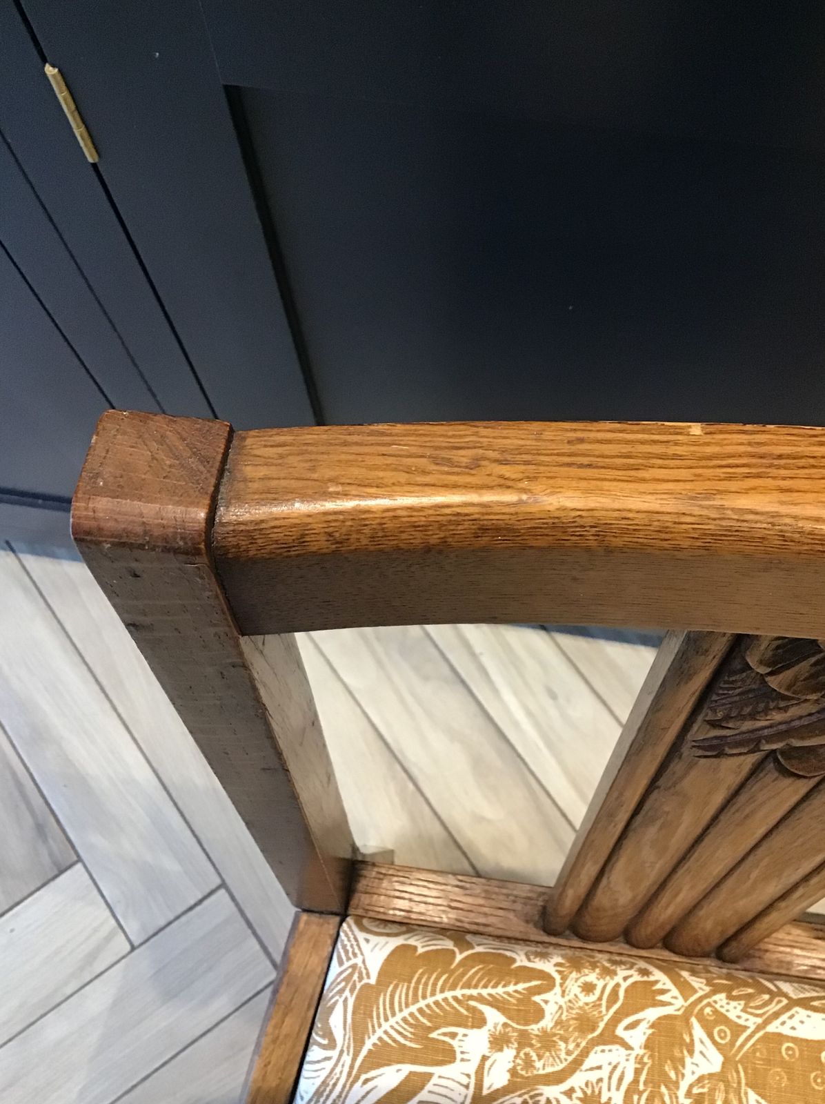 Set Of Four Mid Century Oak Dining Chairs – Handcrafted, Newly Restored, With Unique Mark Hearld Upholstery photo for sale