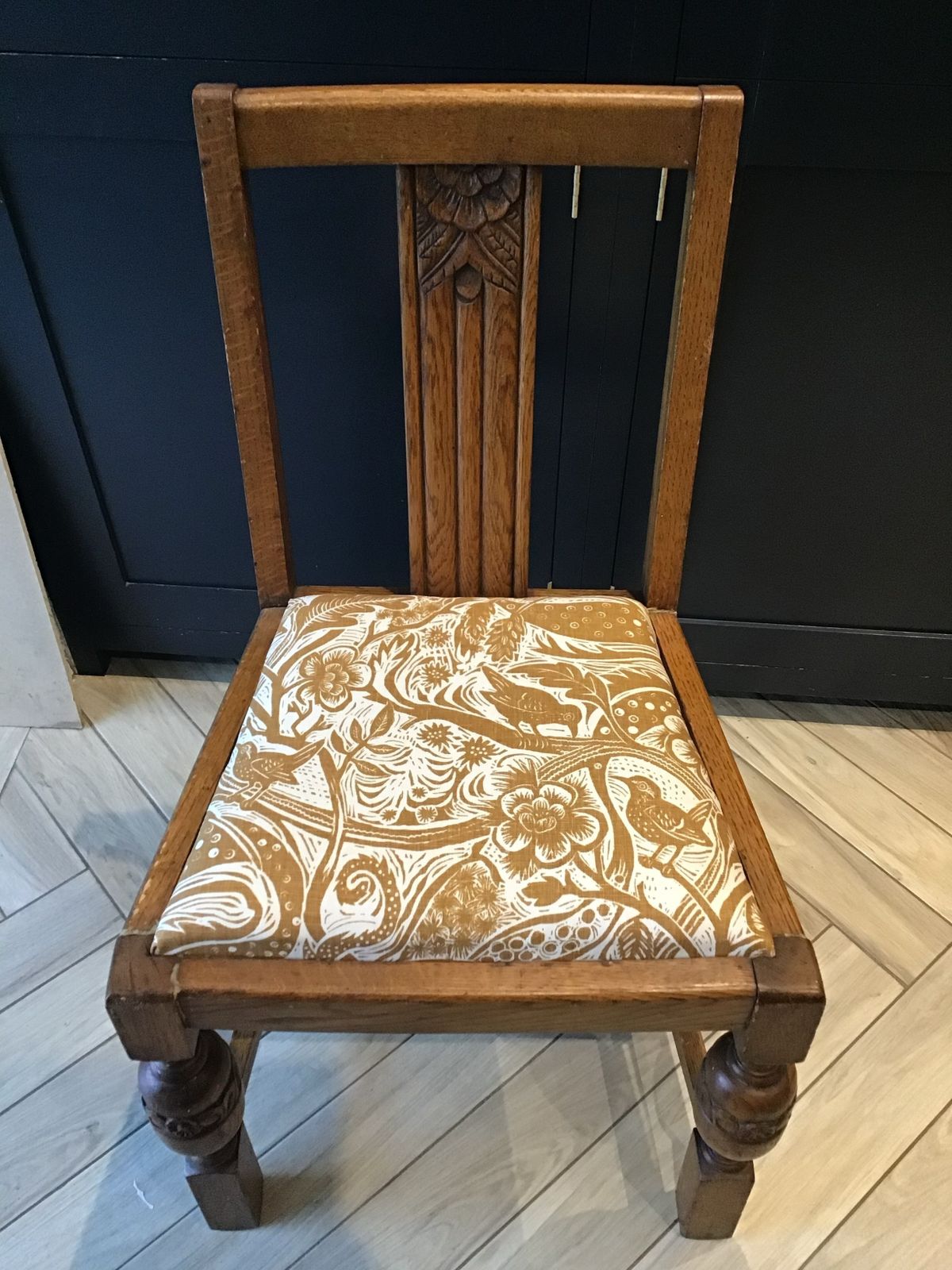 Set Of Four Mid Century Oak Dining Chairs – Handcrafted, Newly Restored, With Unique Mark Hearld Upholstery photo Furniture