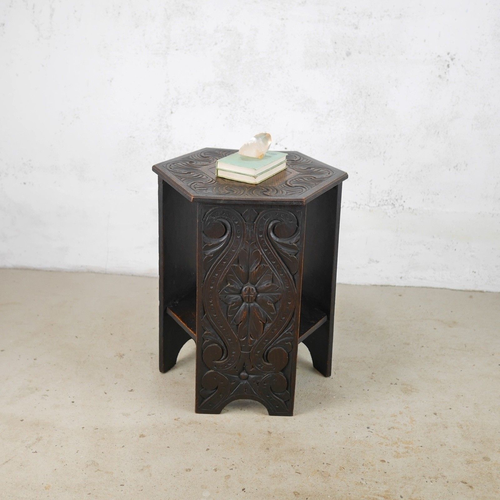 Furniture Pair Antique Carved Arts & Crafts Oak Side Lamp Tables Vintage #103106 photo