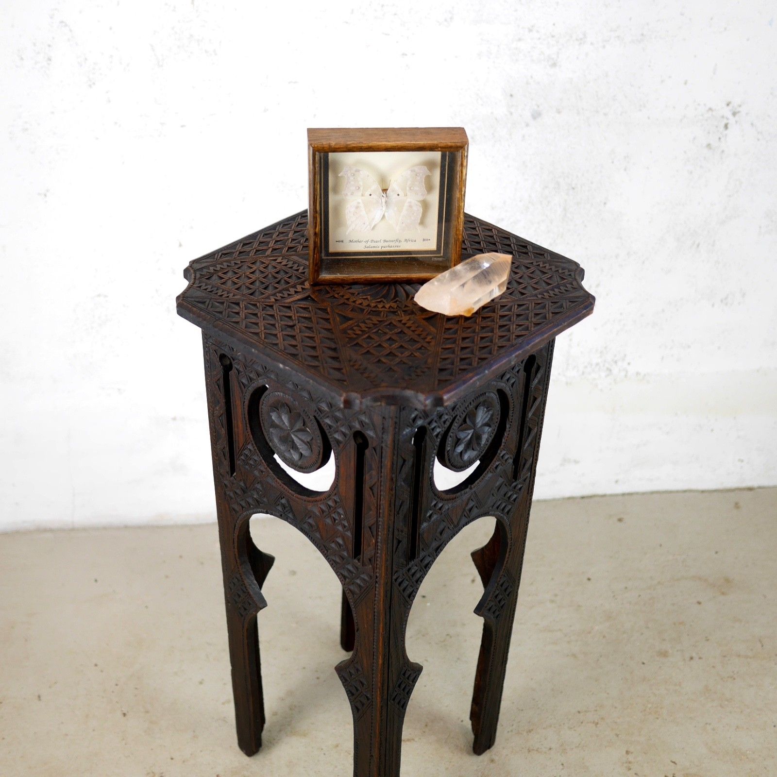 Antique Arts & Crafts Carved Moorish Hard Dark Wood Lamp Side Table #103111 photo 325.0