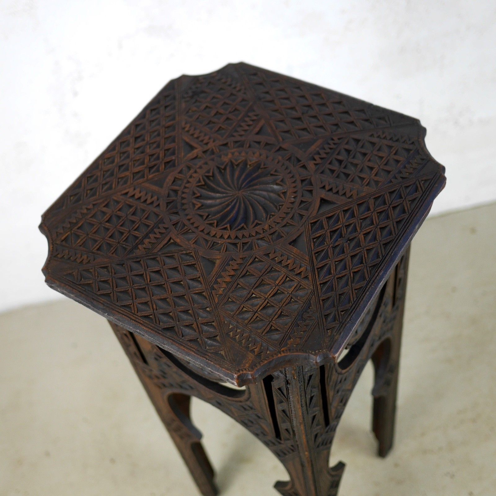 Antique Arts & Crafts Carved Moorish Hard Dark Wood Lamp Side Table #103111 photo buy