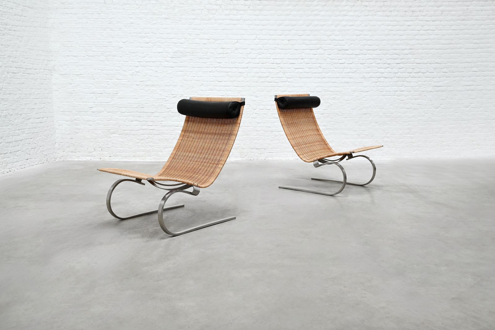 Poul Kjaerholm Pk20 Cantiliver Stainless Steel, Cane And Leather Lounge Chairs photo furniture