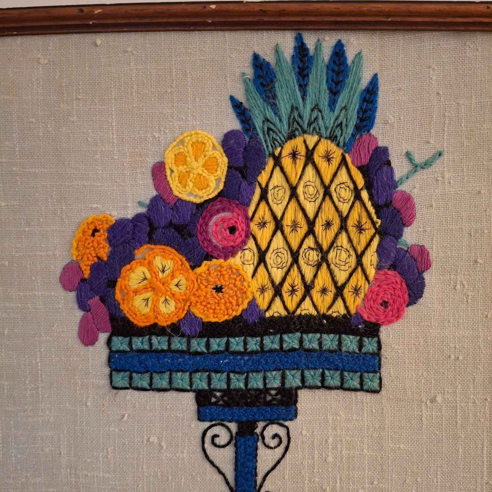 Fab Vintage Needlework Textile Embroidery Crewel Penelope Bright Fruit Basket photo furniture