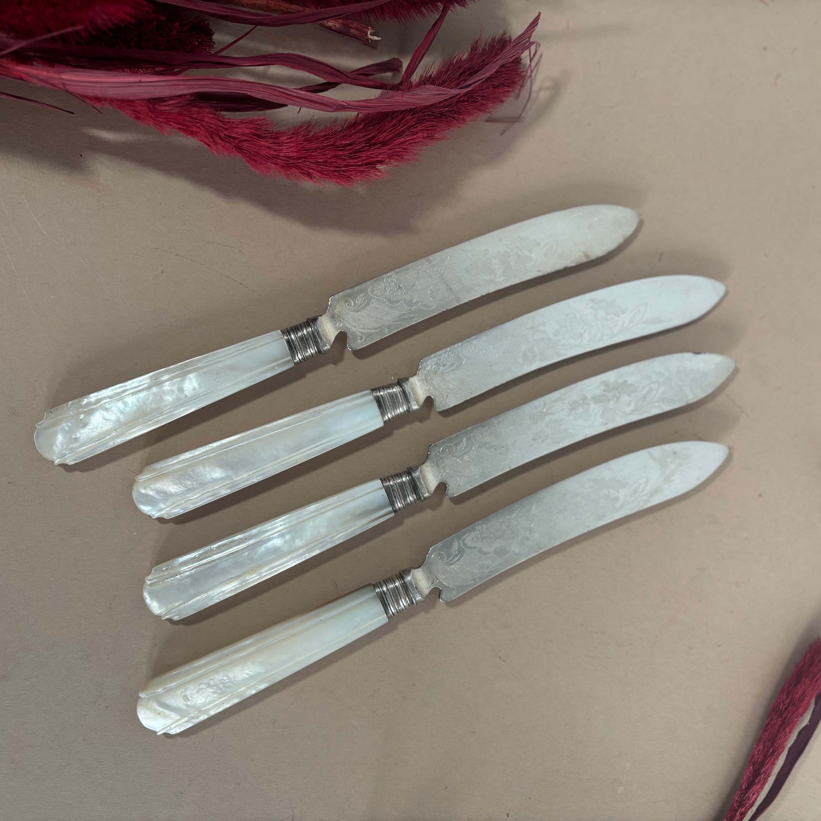 Antique Engraved Knife With Mother Of Pearl photo for sale