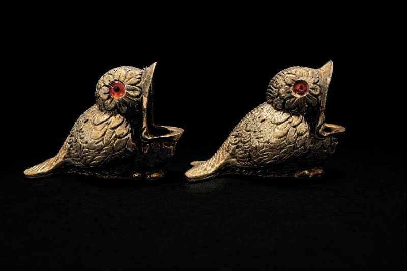 Antique Victorian Brass Bird Match Holders | Red Glass Eyes, English Metalware