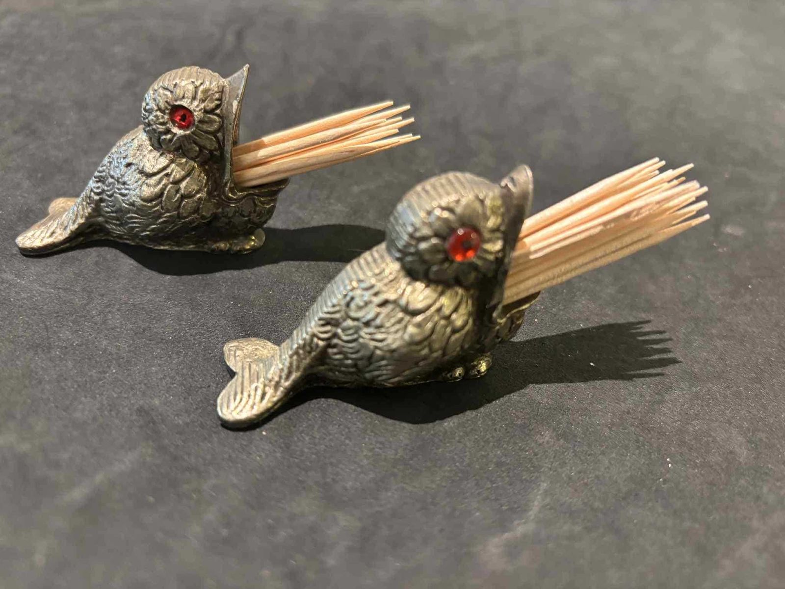 Antique Victorian Brass Bird Match Holders | Red Glass Eyes, English Metalware photo for sale