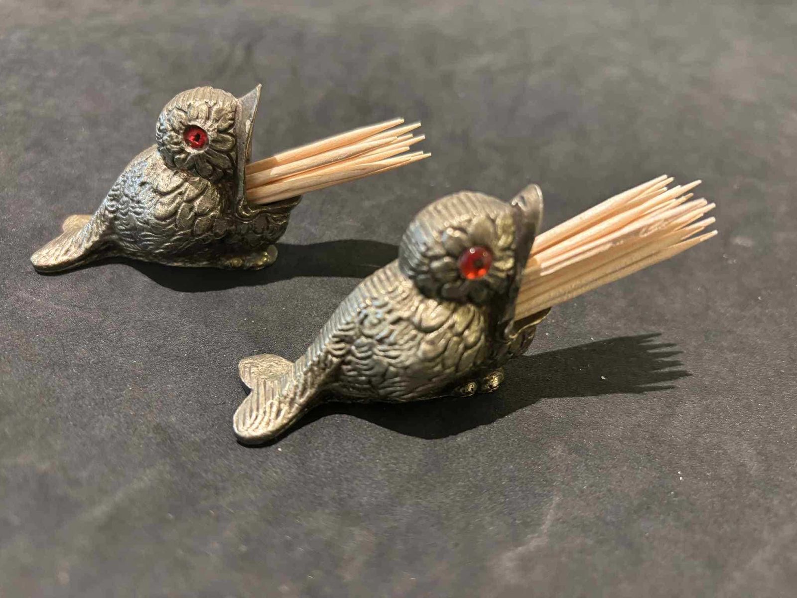 photo vinterior Antique Victorian Brass Bird Match Holders | Red Glass Eyes, English Metalware