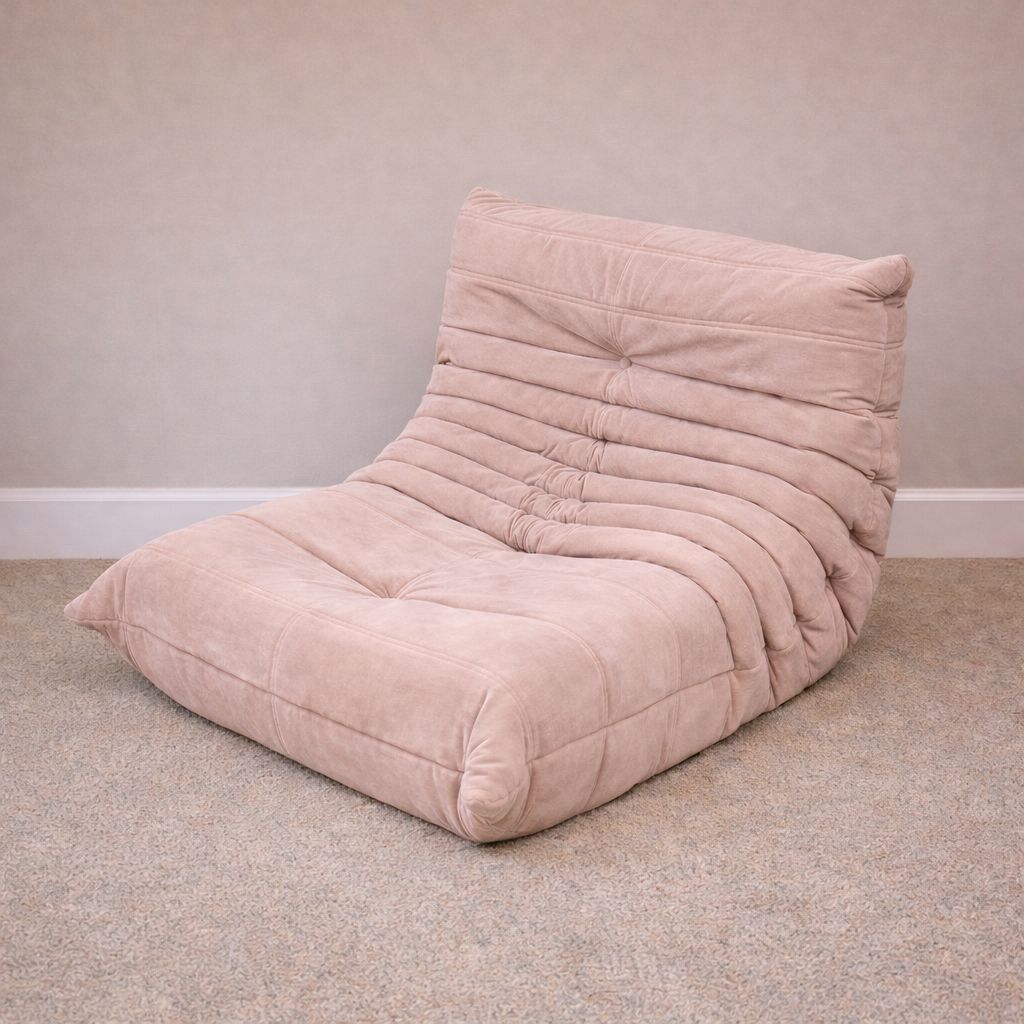 Fully Restored Michel Ducaroy Togo Fireside Single Seater Sofa, Faded Salmon Pink Alcantara Style Microfiber Suede