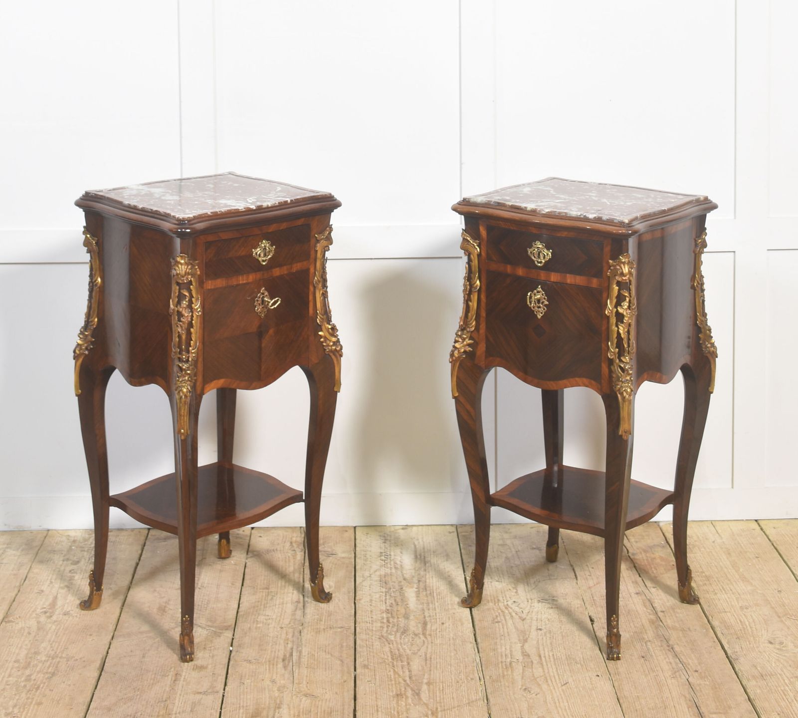 Pair Of Louis XV–Style Marble Top Bedside Cabinets