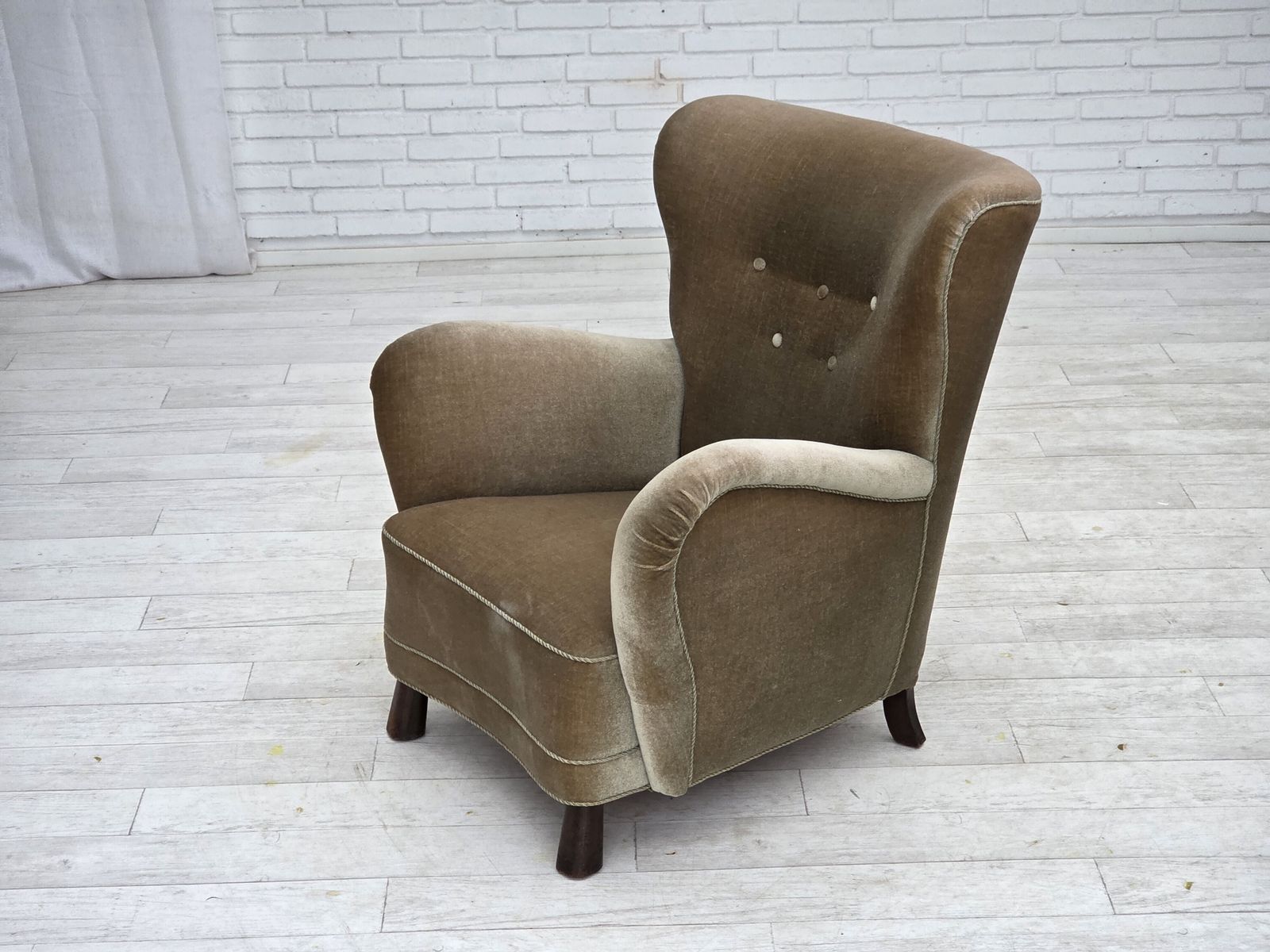 photo buy 1960s, Danish Armchair, Green Furniture Velour, Oak Wood Legs.