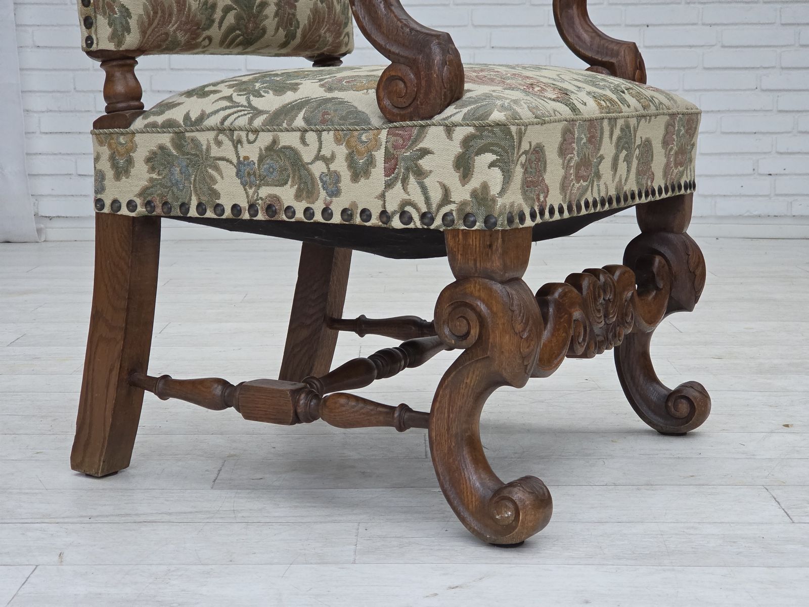 1950s, Scandinavian Highback Armchair, Furniture Fabric, Hand Carved Oak Wood. photo Furniture
