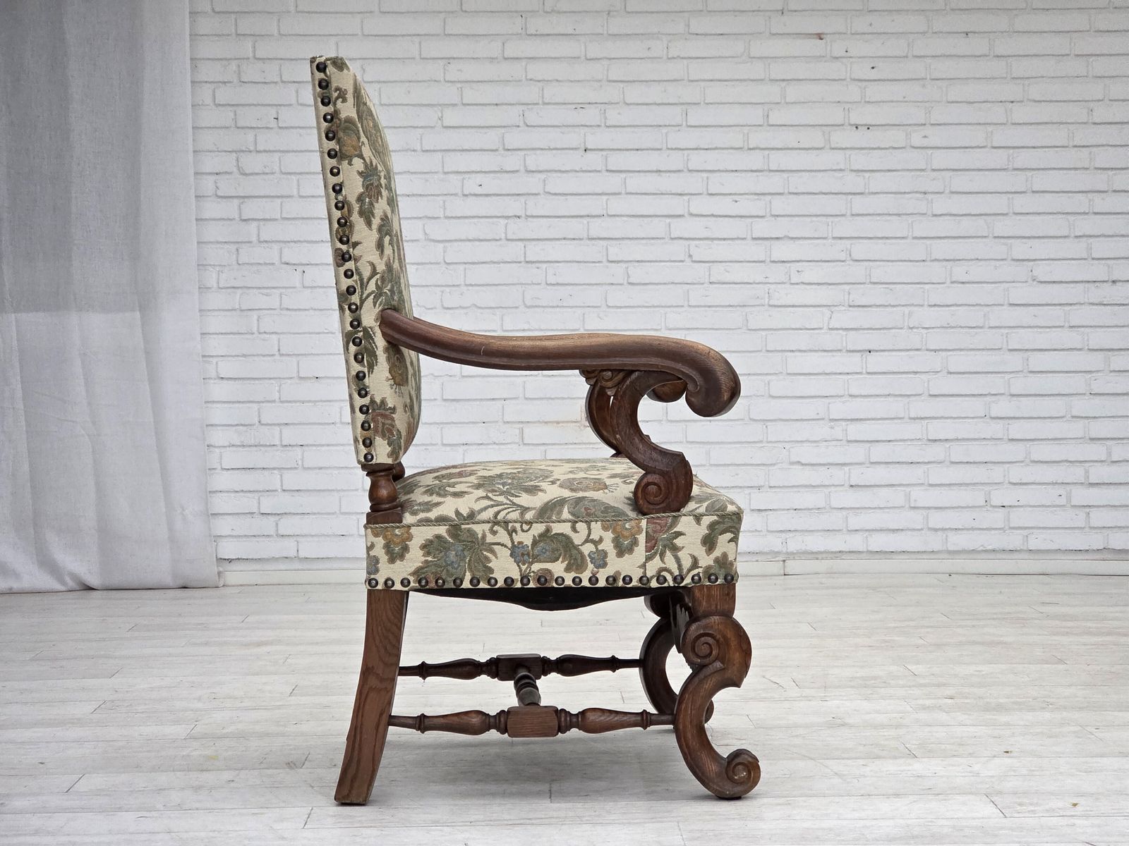 Furniture 1950s, Scandinavian Highback Armchair, Furniture Fabric, Hand Carved Oak Wood. photo