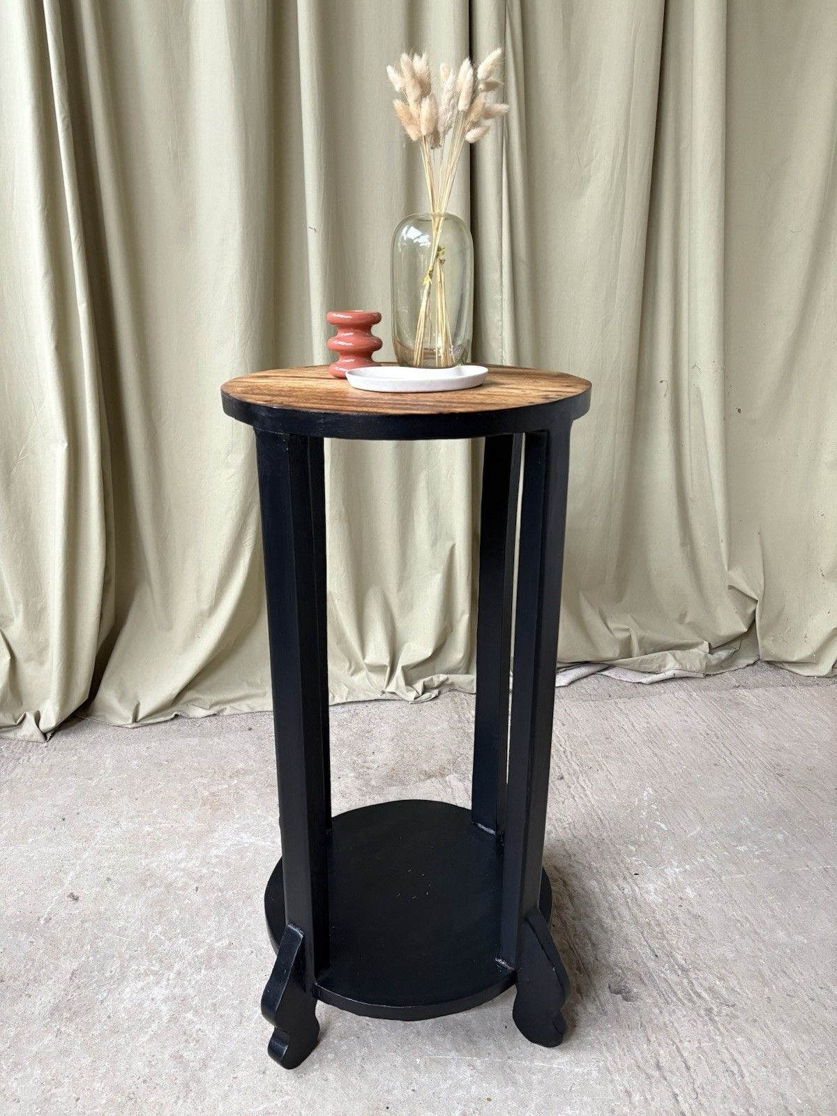Vtg Antique Painted Black Wooden Plant Side Table Dumbwaiter Pedestal Retro 1040