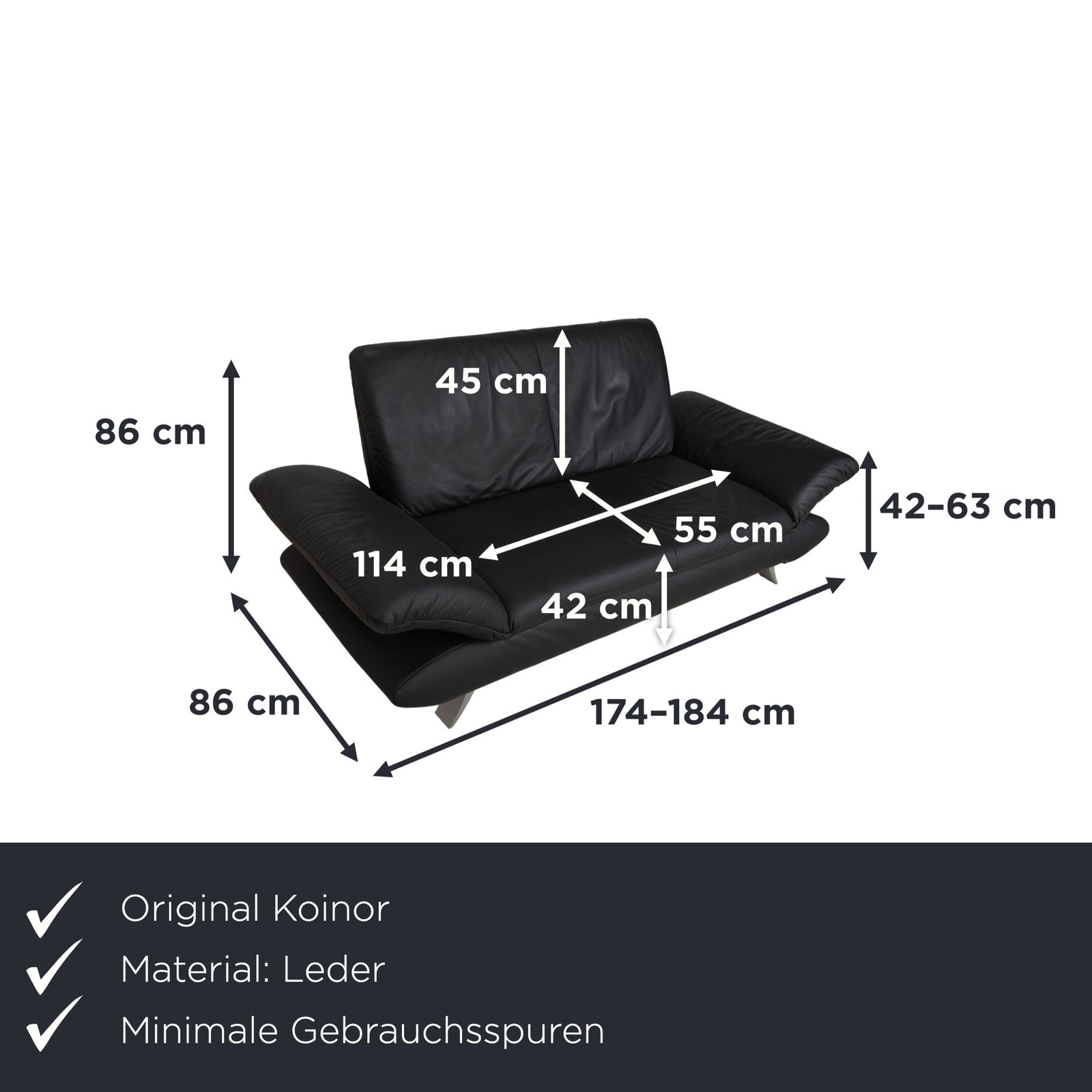 Canapé 2 places Koinor Rossini en cuir gris anthracite, fonction manuelle photo furniture