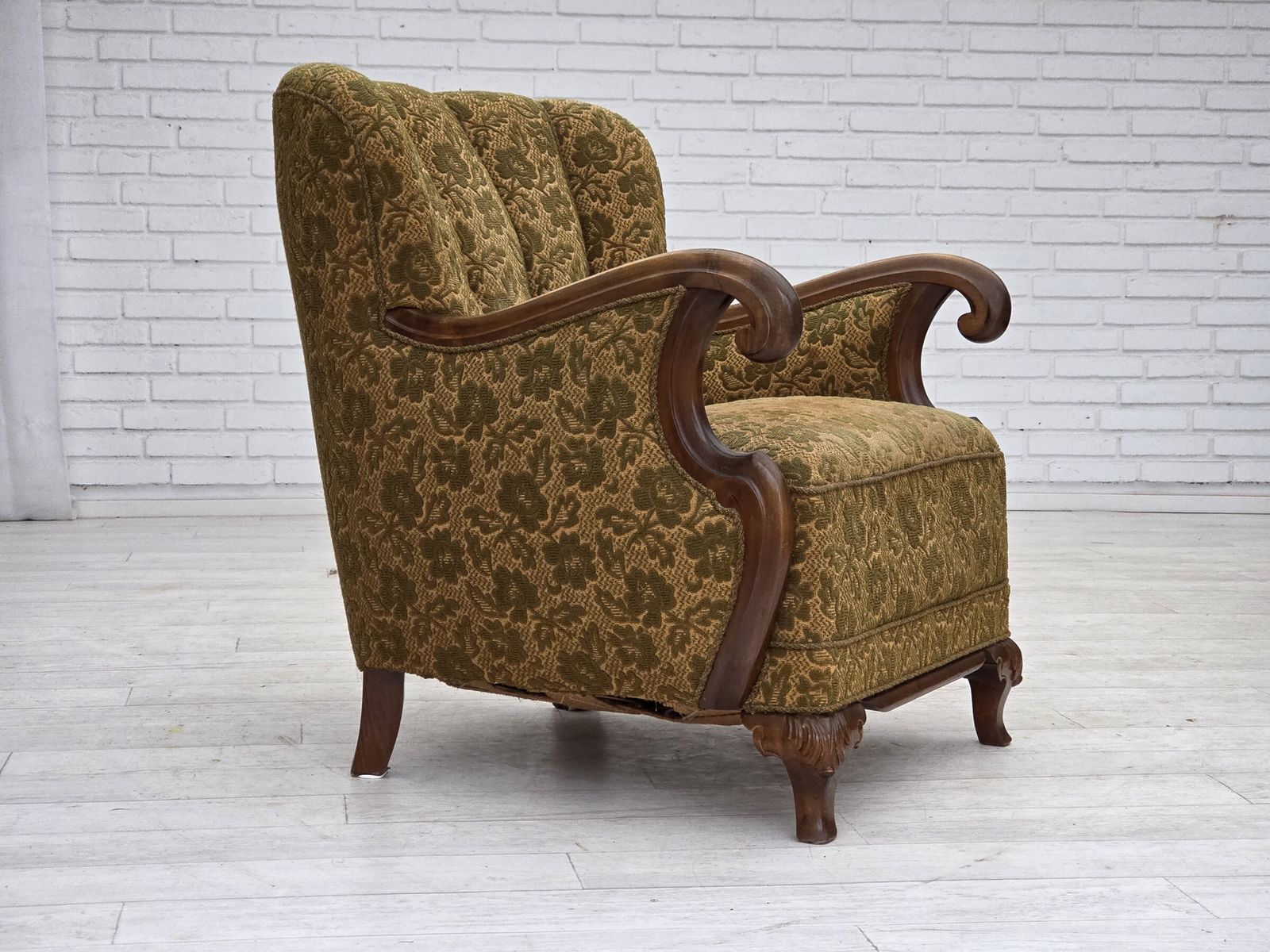 1950s, Danish Armchair, Furniture Wool, Hand Carved Oak Wood. photo furniture