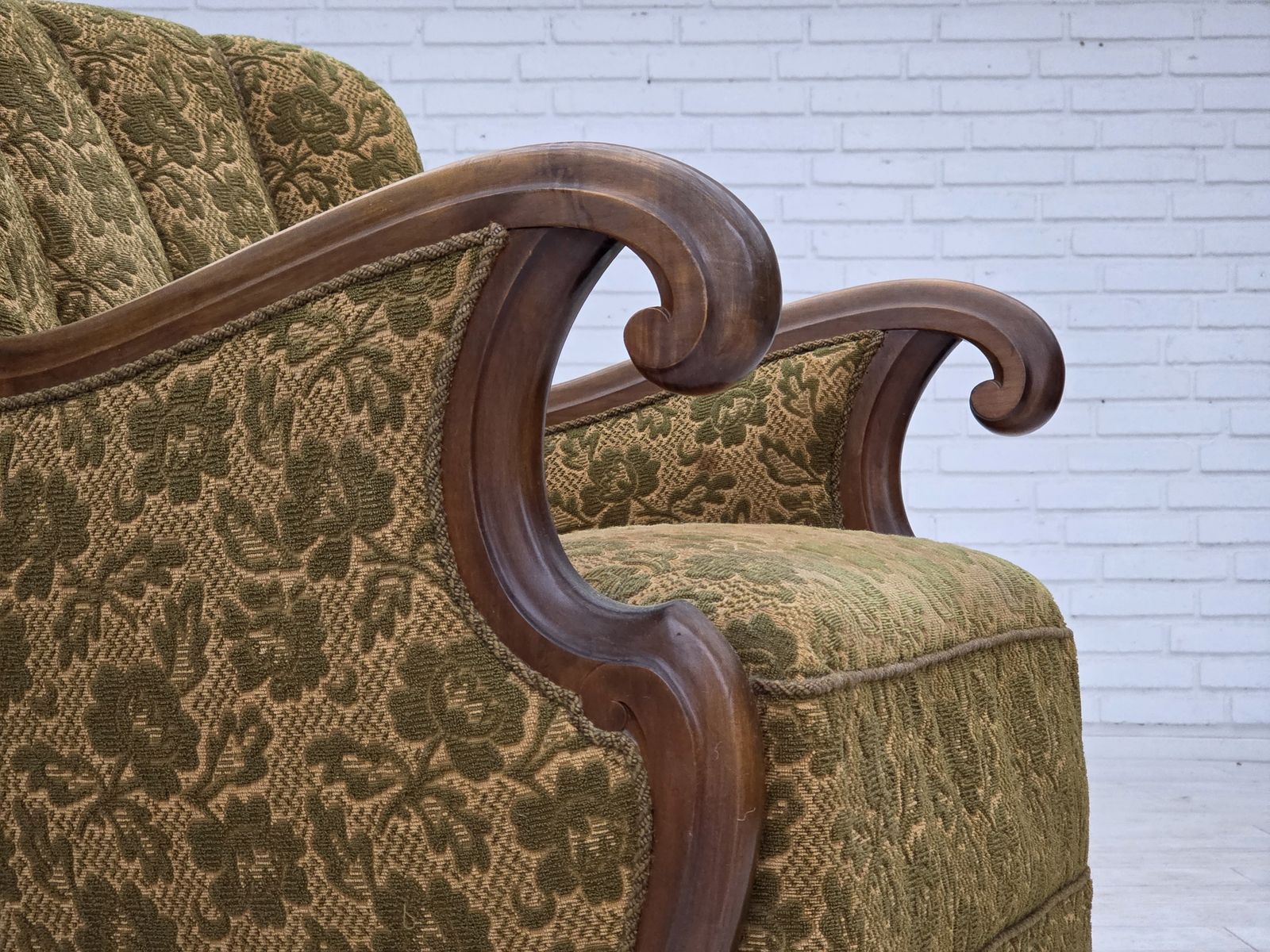 1950s, Danish Armchair, Furniture Wool, Hand Carved Oak Wood. photo 1020.0