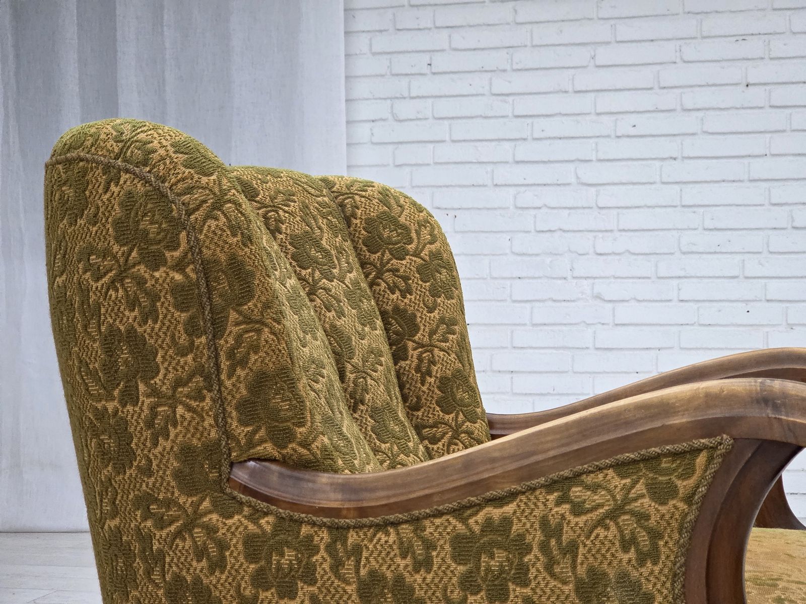 photo buy 1950s, Danish Armchair, Furniture Wool, Hand Carved Oak Wood.