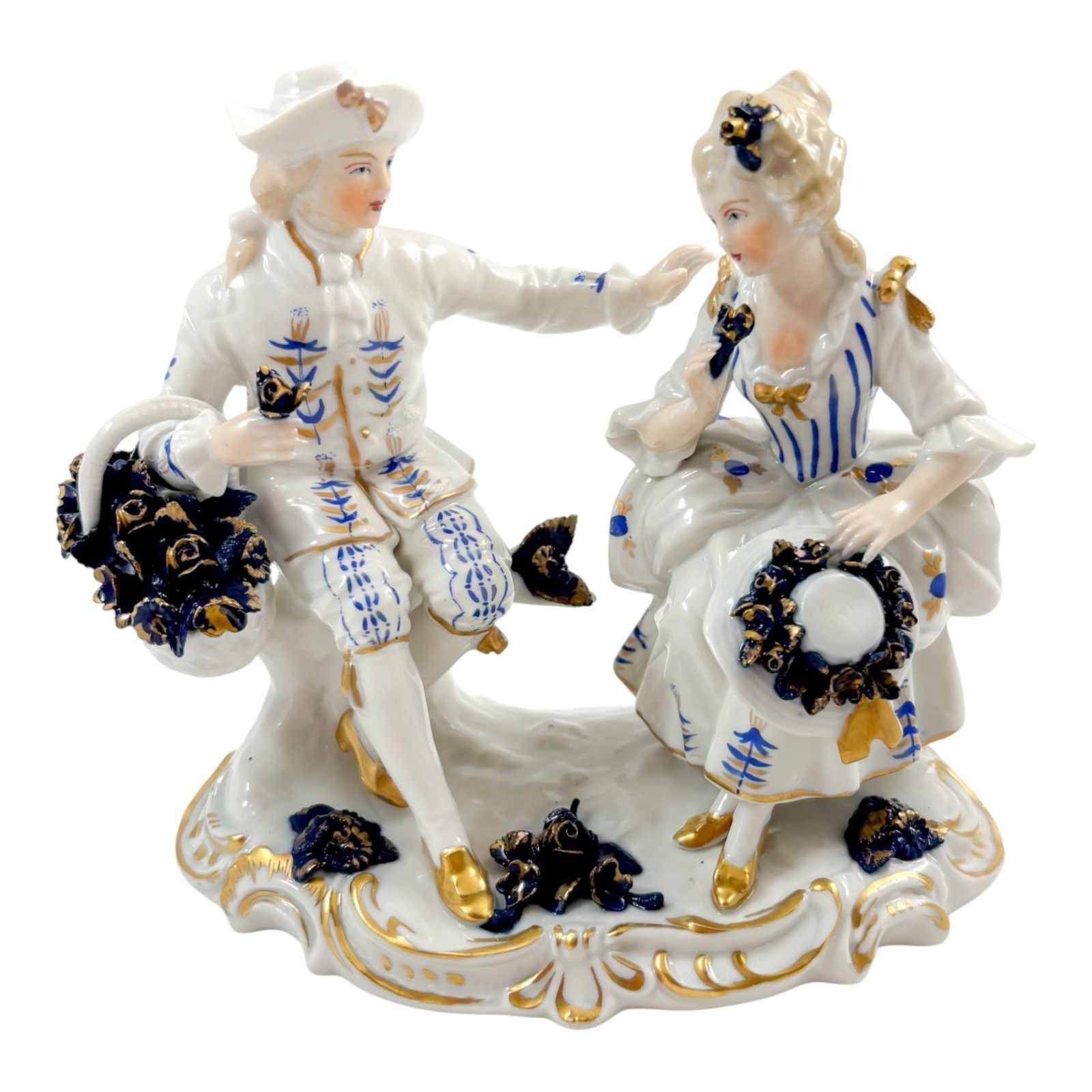 Sitzendorf Porcelain Romantic Couple Group, Cobalt Blue Flowers & Gilt, C.1940s photo furniture