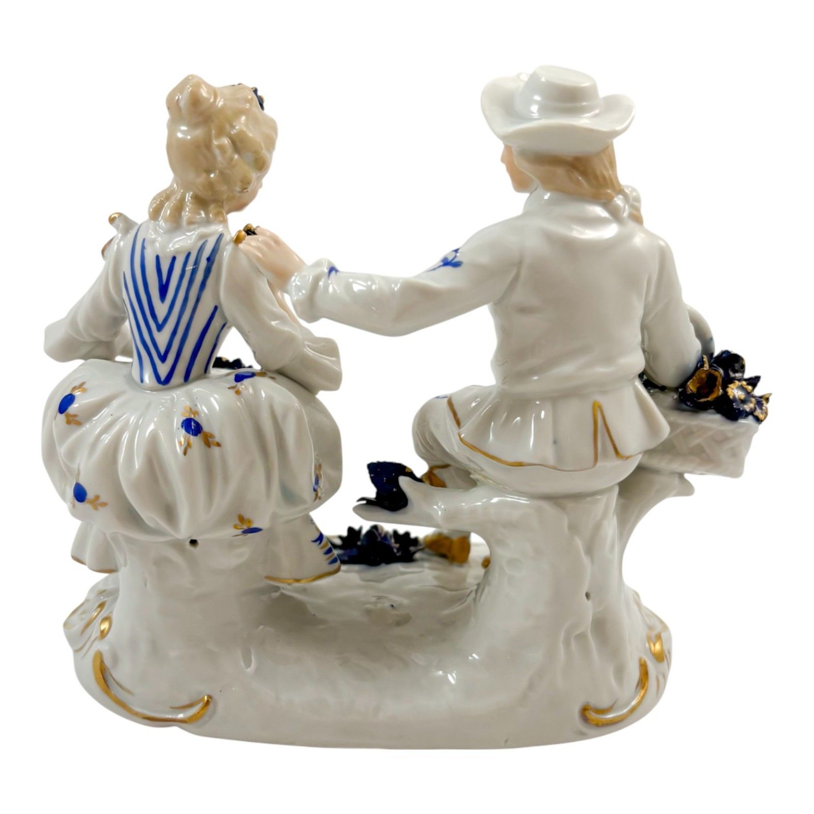 Sitzendorf Porcelain Romantic Couple Group, Cobalt Blue Flowers & Gilt, C.1940s photo Home Decor
