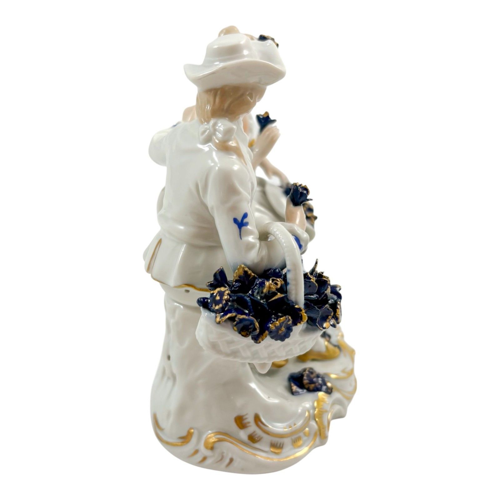 Sitzendorf Porcelain Romantic Couple Group, Cobalt Blue Flowers & Gilt, C.1940s photo 160.0