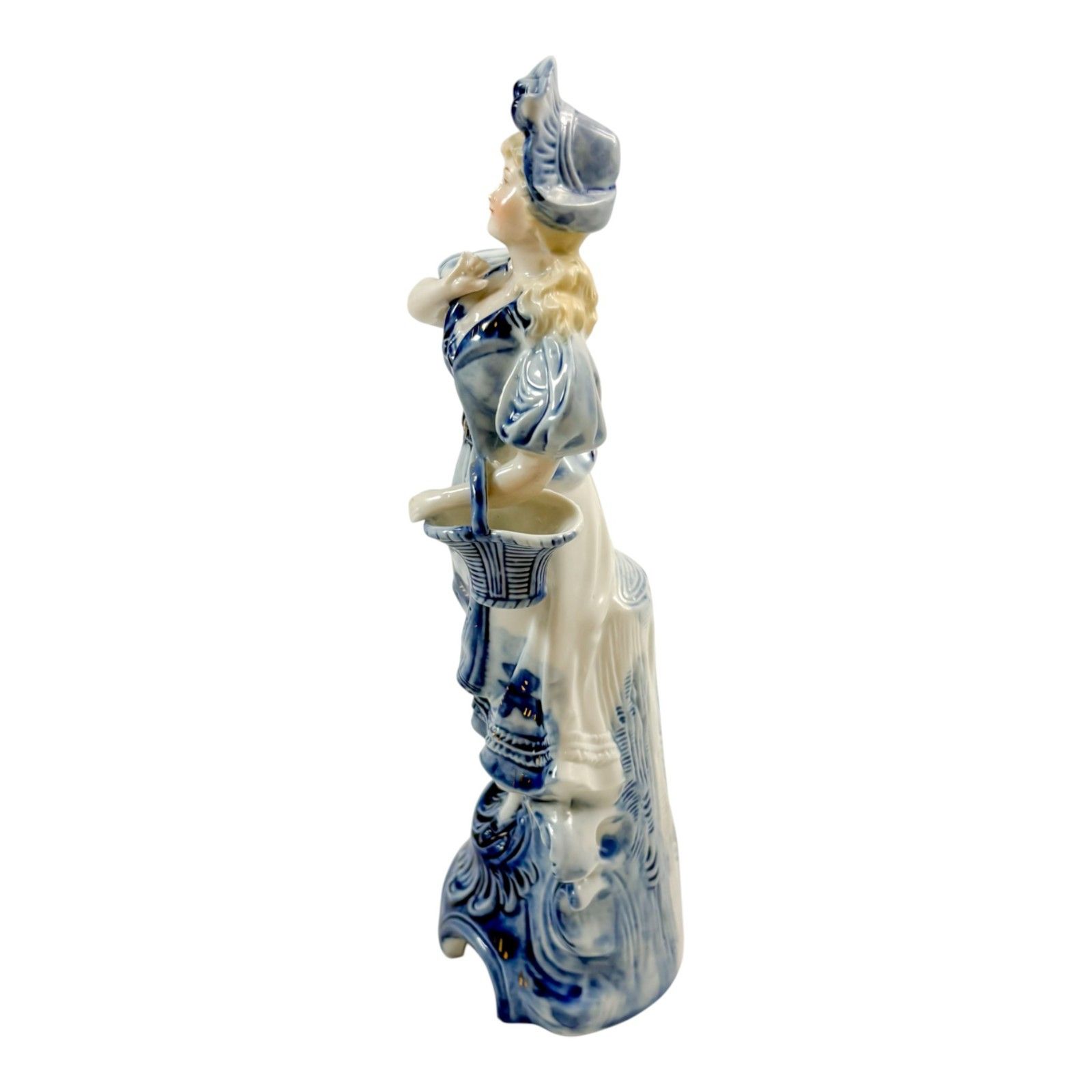Antique Dresden Porcelain Lady Figure With Basket, Blue And White, 19th Century photo for sale
