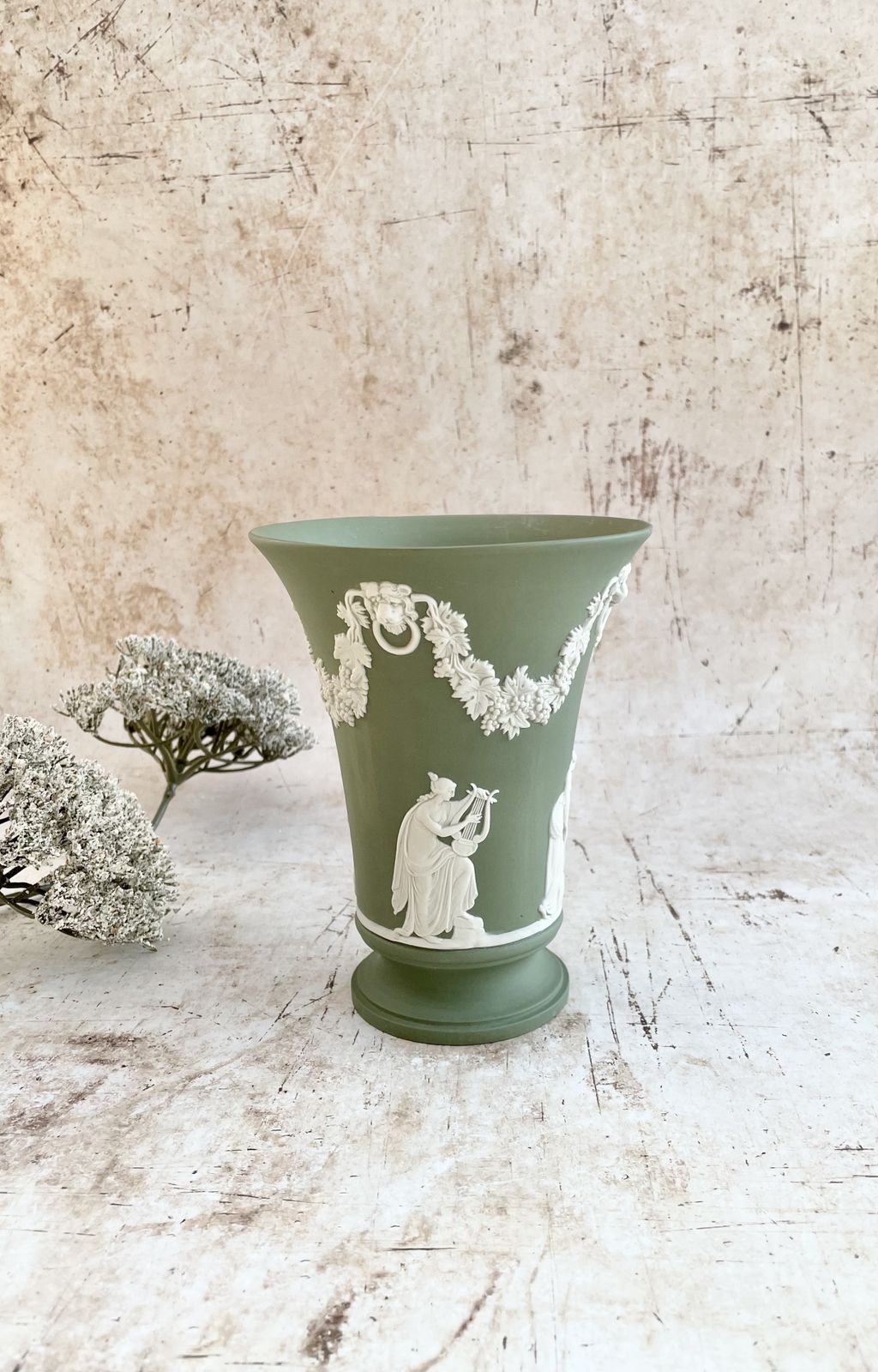 Vintage Wedgwood Sage Green Jasperware Trumpet Vase With Flower Frog | Classical Relief