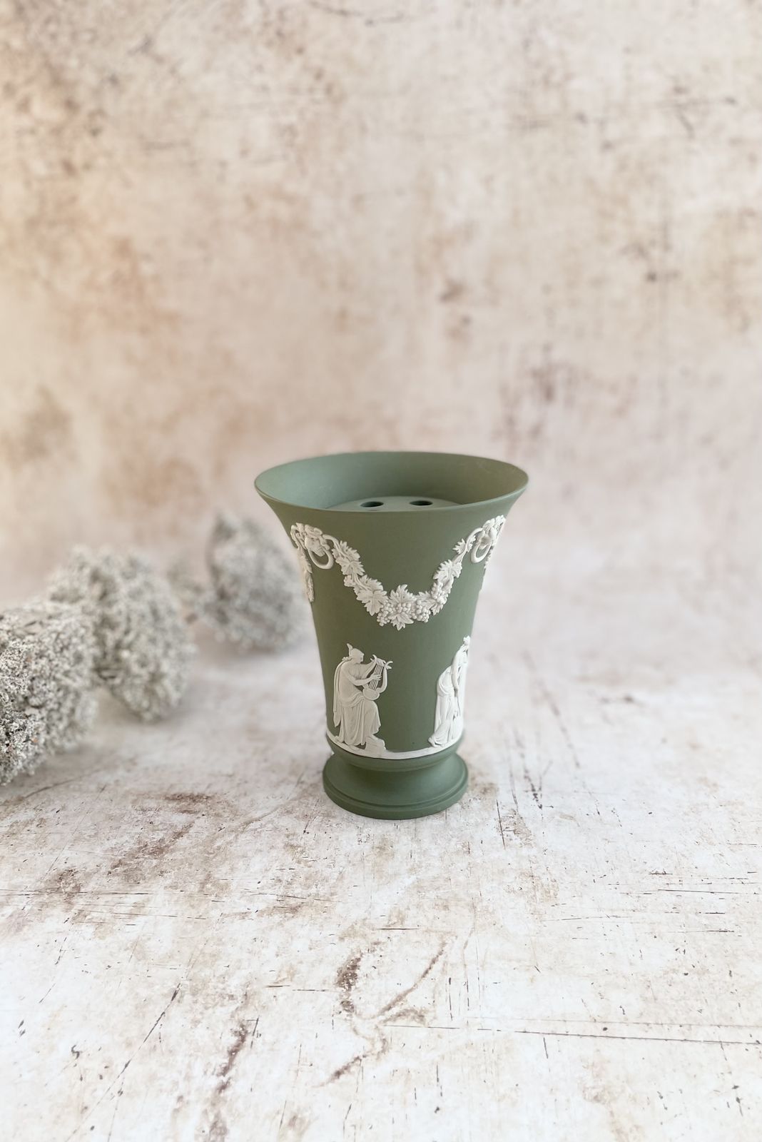 Vintage Wedgwood Sage Green Jasperware Trumpet Vase With Flower Frog | Classical Relief photo vinterior