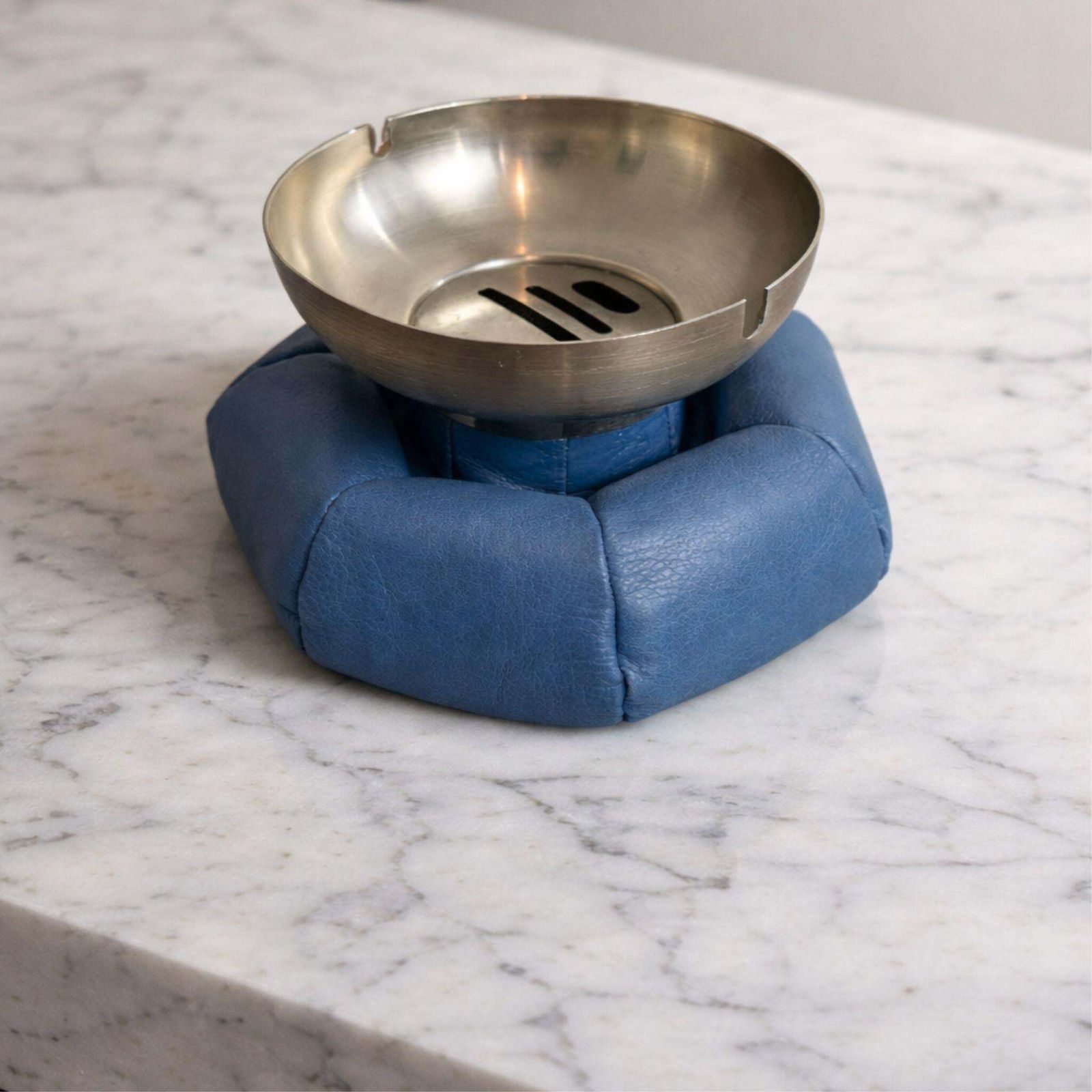 Padded Leather And Metal Ashtray By Poltrona Frau, Italy, 1970s photo for sale