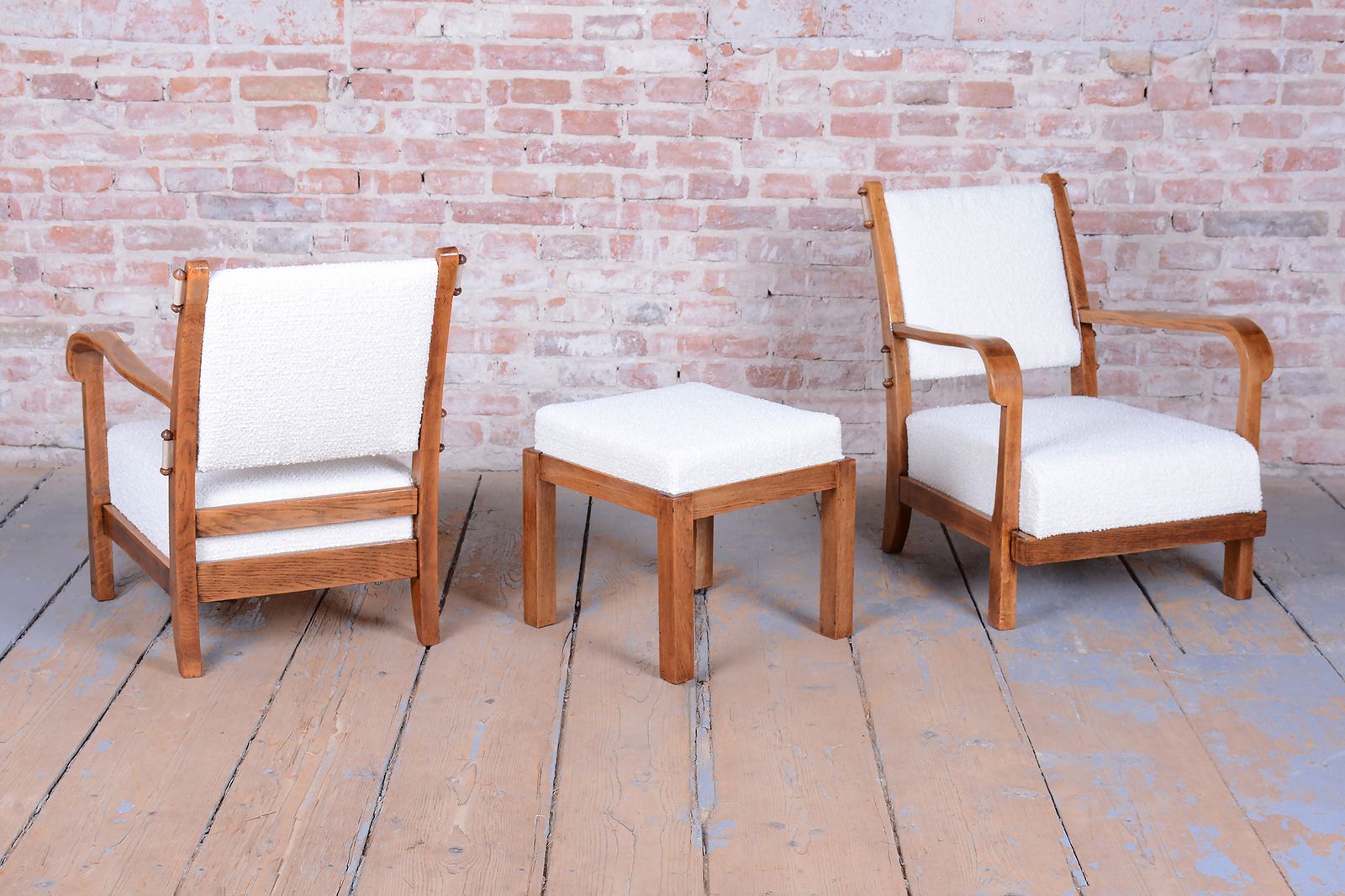 Restored Art Deco Stool, By Krásná Jizba, Oak, Reupholstered, Czech, 1930s photo vintage
