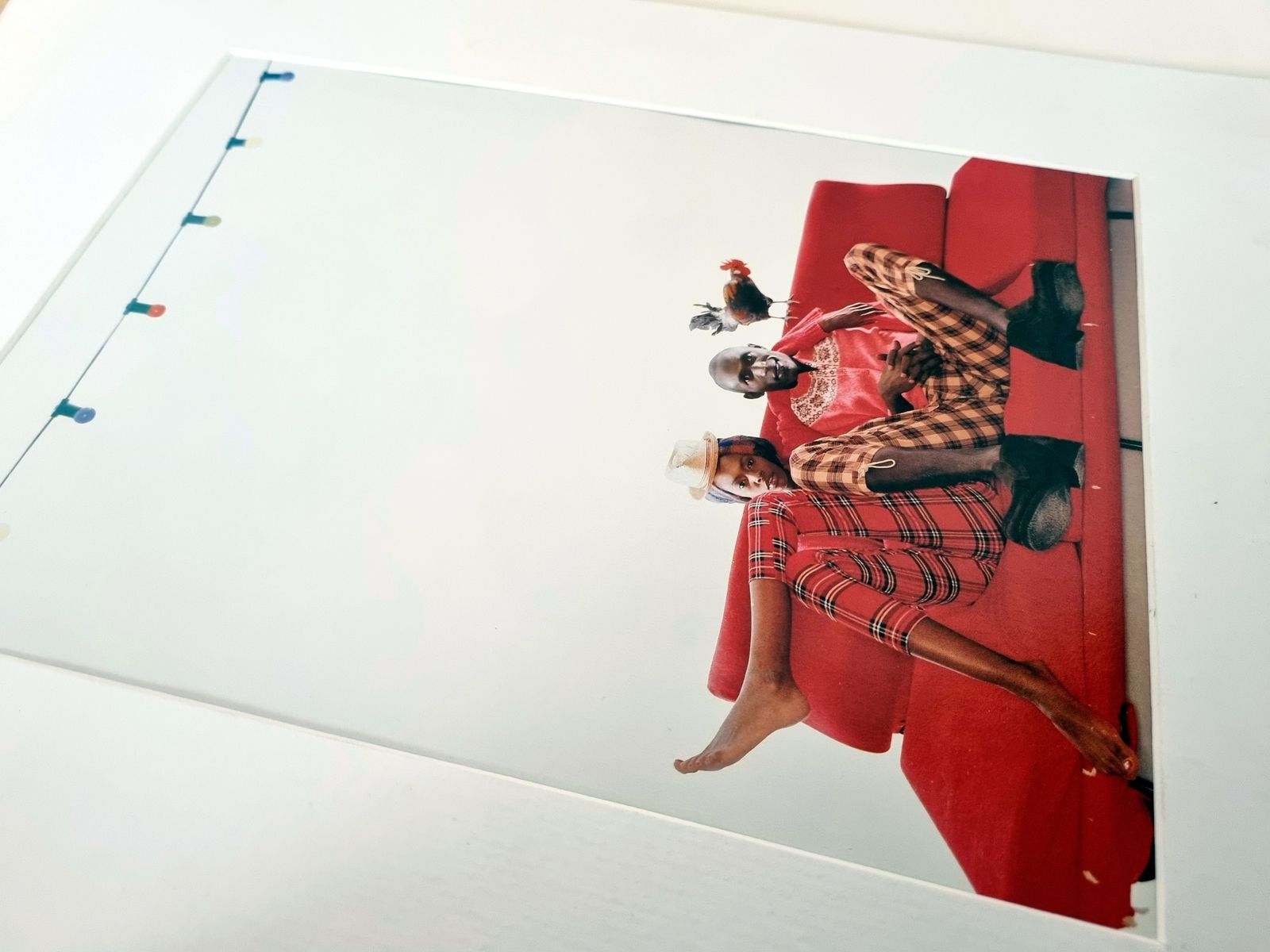 Mounted Editorial Fashion Photograph, Red Sofa Studio Scene, 1990s Magazine Image photo for sale