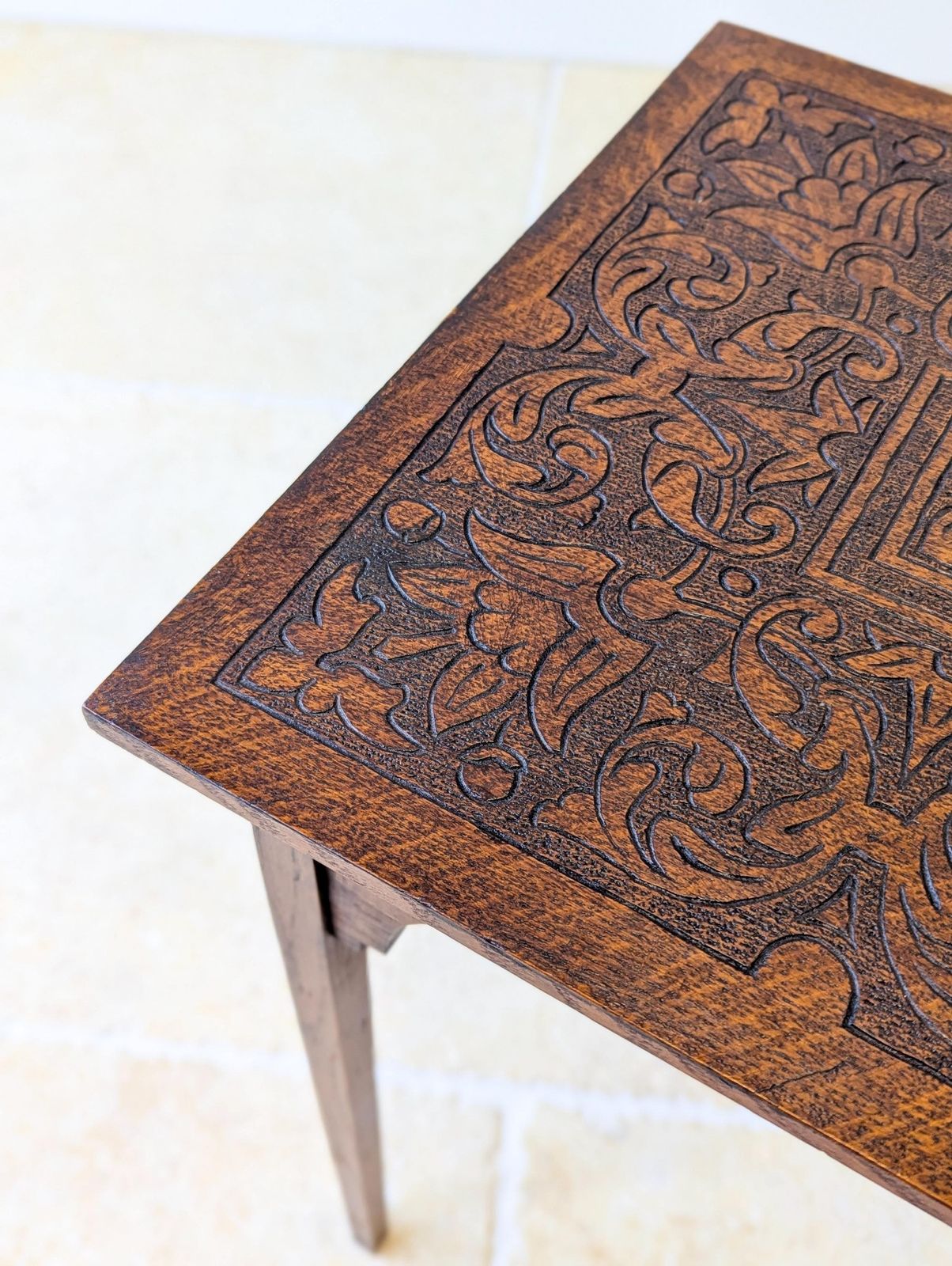 Antique Arts & Crafts Carved Oak Occasional Table C.1900 photo vinterior