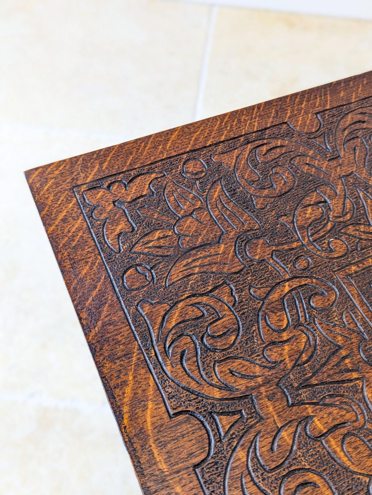 385.0 Antique Arts & Crafts Carved Oak Occasional Table C.1900 photo