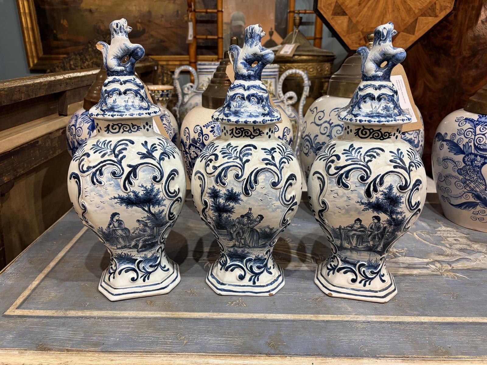 Trio Of Dutch 19th Century Delft Lidded Vases