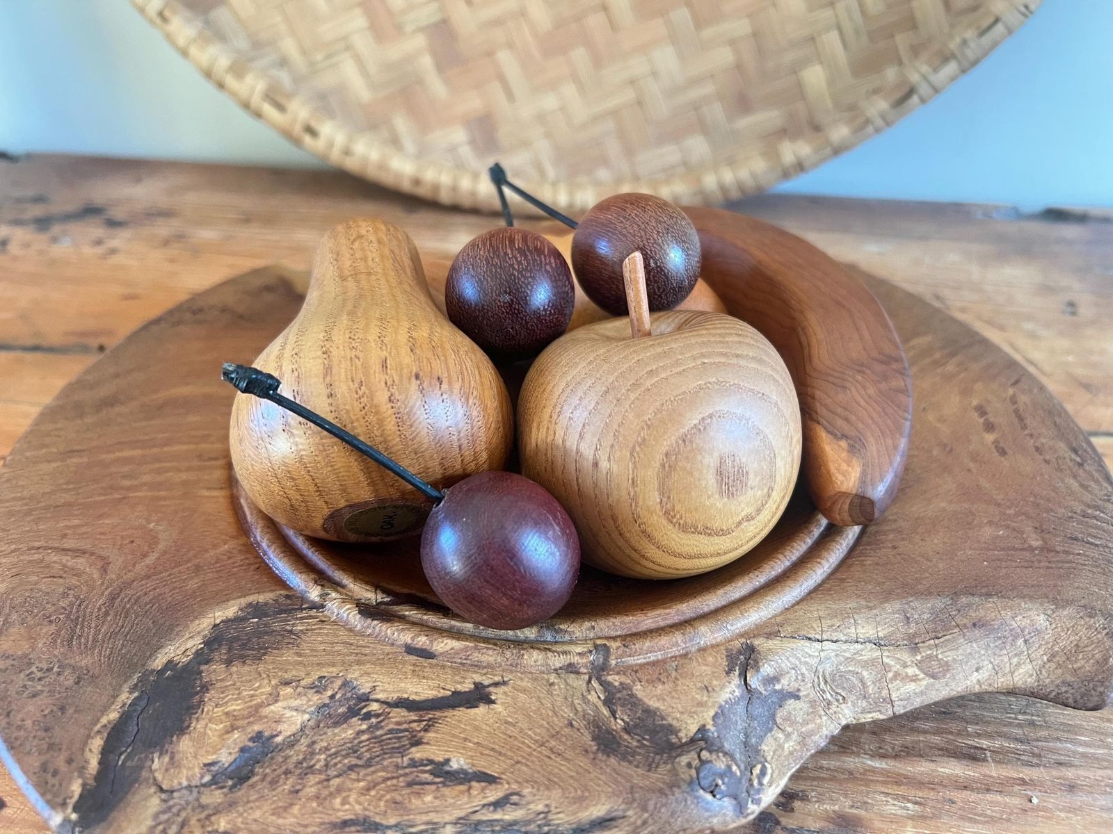 Vintage Hand Turned Wood Fruit & Bowl Set | John Lowe Acacia Burl Bowl David Gliddon Fruit | Mid Century Studio Woodcraft | 7 Piece Set photo vintage