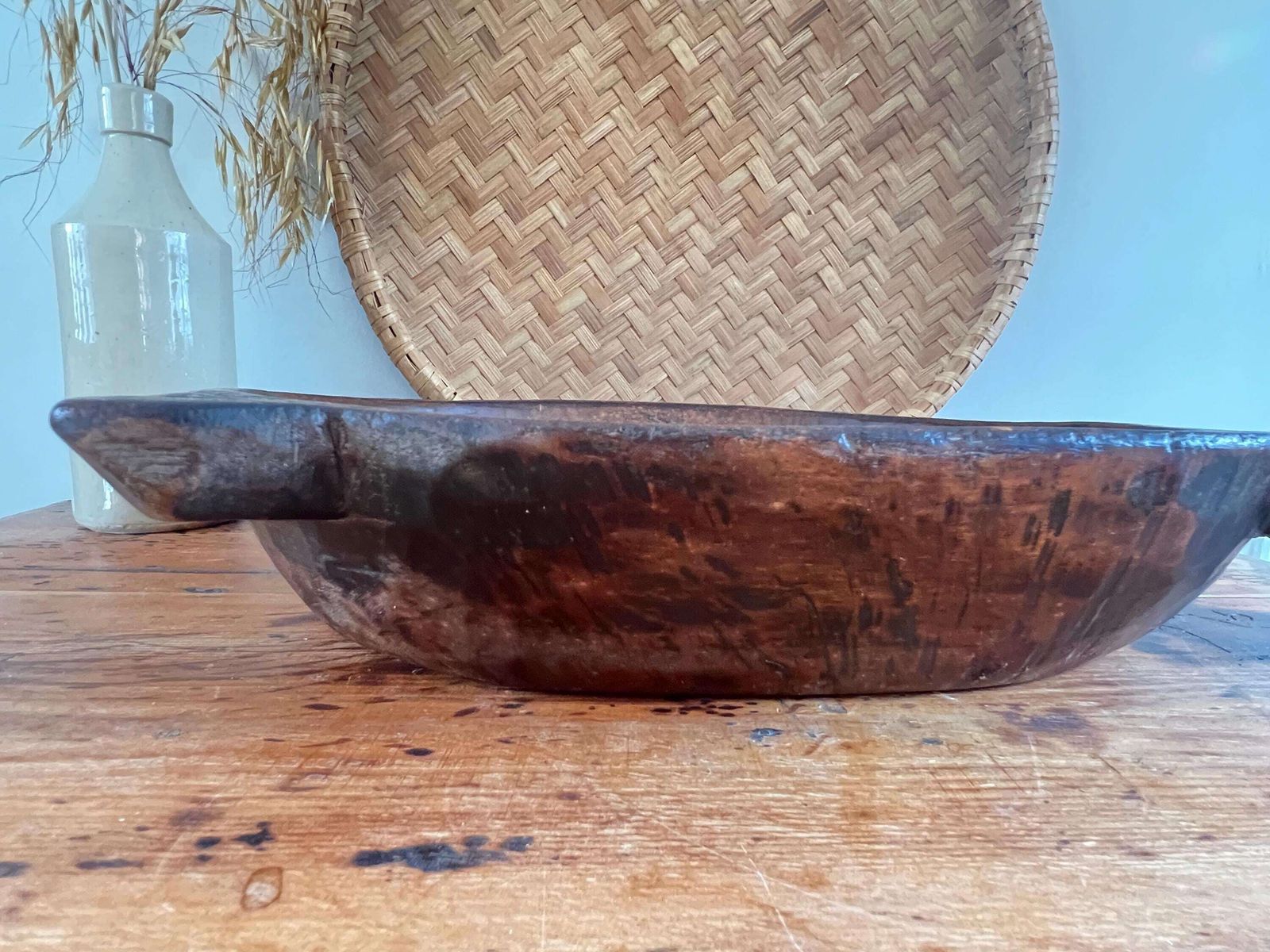 Antique Dark Wood Parat Bowl, Large Hand Carved Indian Dough Bowl, Primitive Teak Treenware, Wabi Sabi Rustic Table Centrepiece 19th Century photo vintage