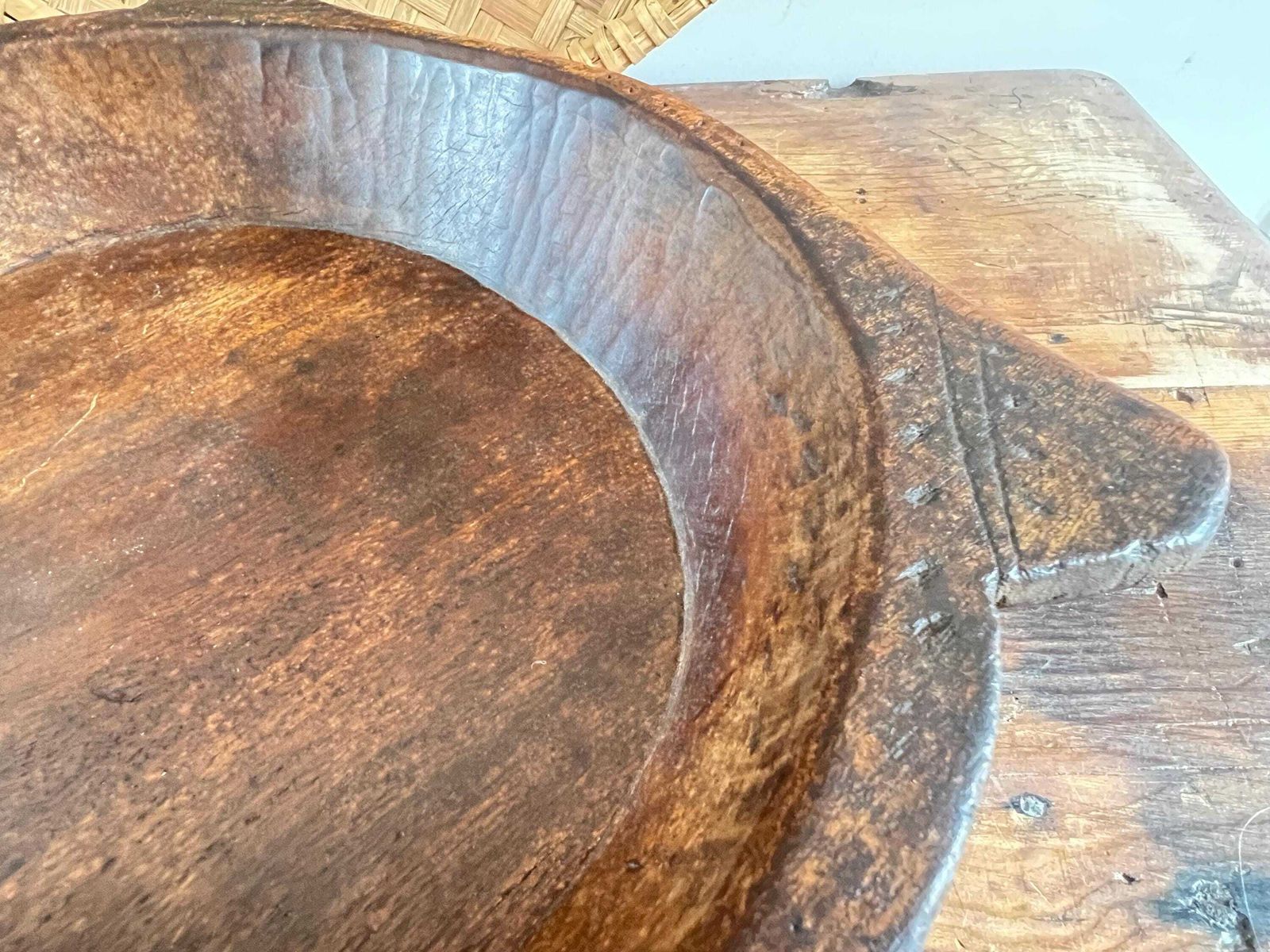 Home Decor Antique Dark Wood Parat Bowl, Large Hand Carved Indian Dough Bowl, Primitive Teak Treenware, Wabi Sabi Rustic Table Centrepiece 19th Century photo