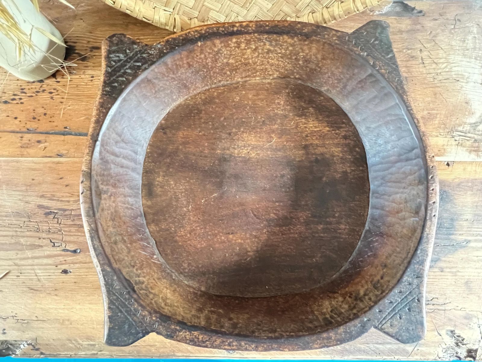 120.0 Antique Dark Wood Parat Bowl, Large Hand Carved Indian Dough Bowl, Primitive Teak Treenware, Wabi Sabi Rustic Table Centrepiece 19th Century photo