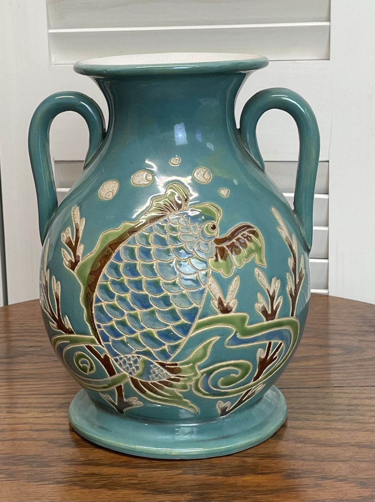 Large Oriental Teal Lustre Vase With Incised Fish Decoration