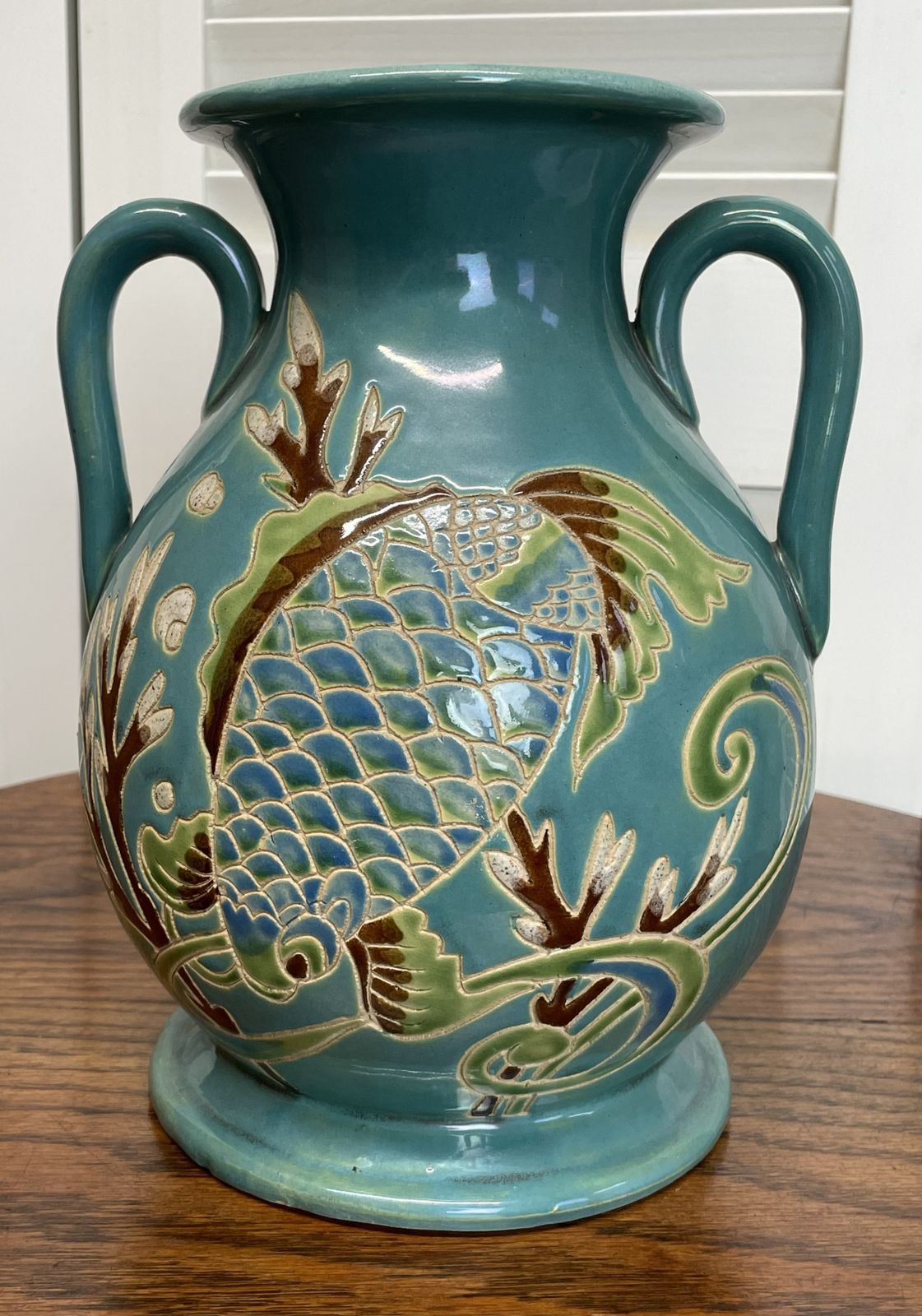 Large Oriental Teal Lustre Vase With Incised Fish Decoration photo Home Decor