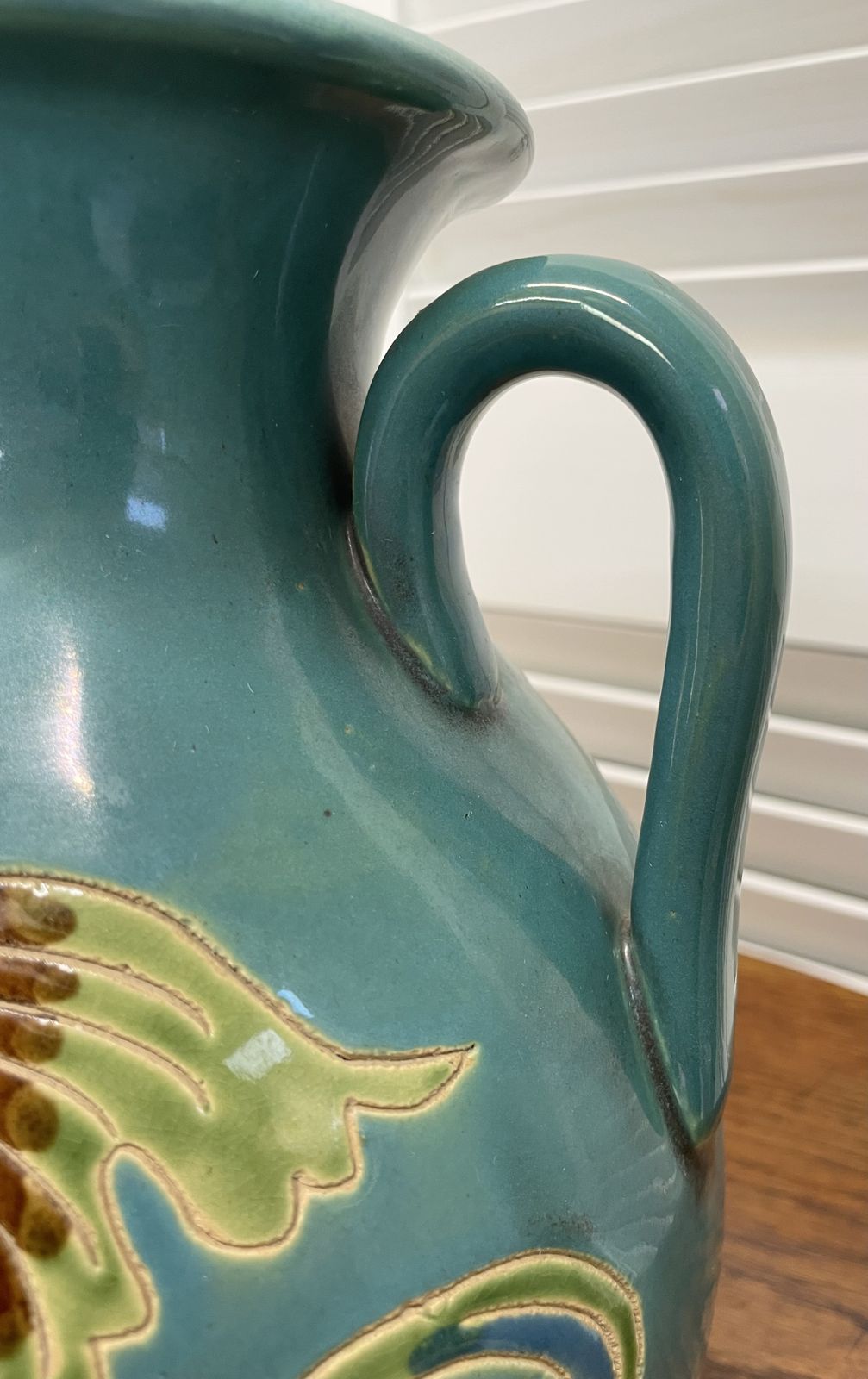 Large Oriental Teal Lustre Vase With Incised Fish Decoration photo vintage