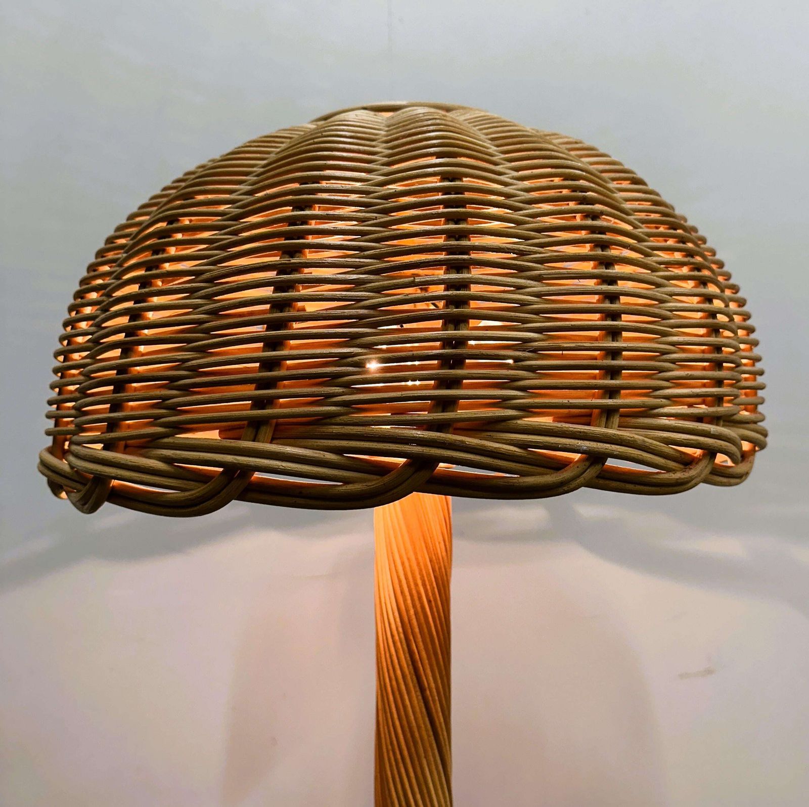Large French Rattan Floor Lamp, Mid Century Mushroom Shade, Vintage Wicker Standing Lamp, 1950s photo furniture