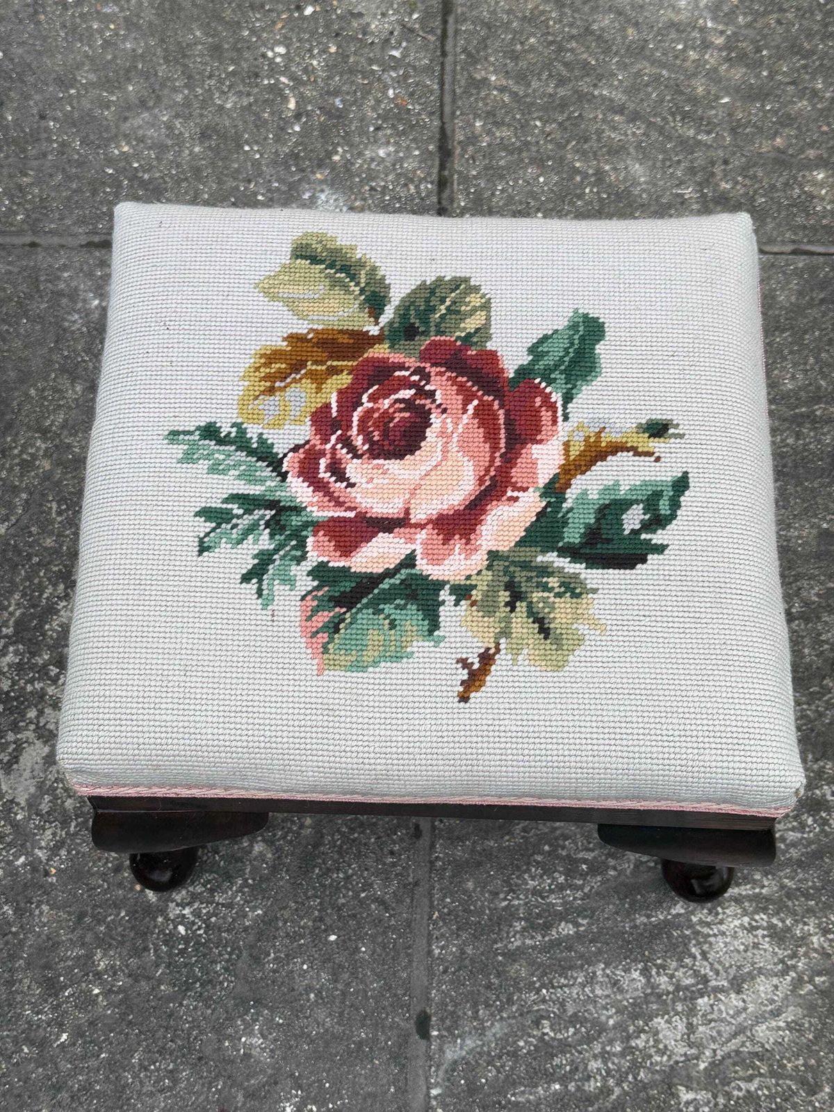Vintage Rose Floral Needlepoint Upholstered Footstool With Cabriole Legs, Traditional Style Fireside Stool, C.1970s–1980s photo for sale