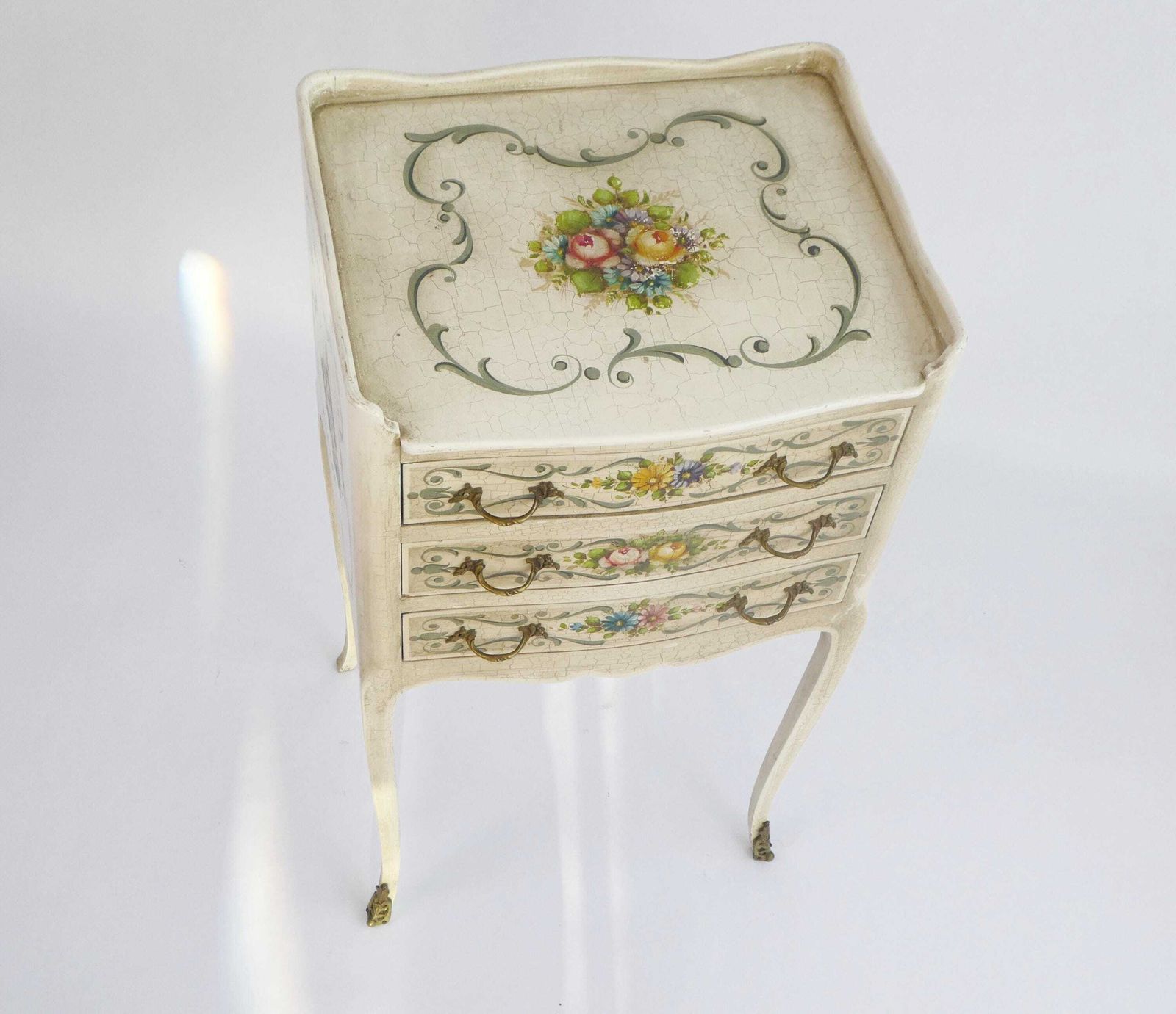 Antique Louis XV Hand Painted Chest Of Drawers, Floral Venetian Nightstand With Drawers, Small Chest photo Furniture