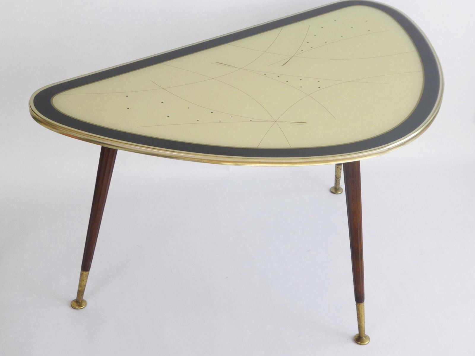 Large Vintage Kidney Shaped Coffee Table, Original Space Age Glass Table With Wooden Legs And Brass Rim photo for sale