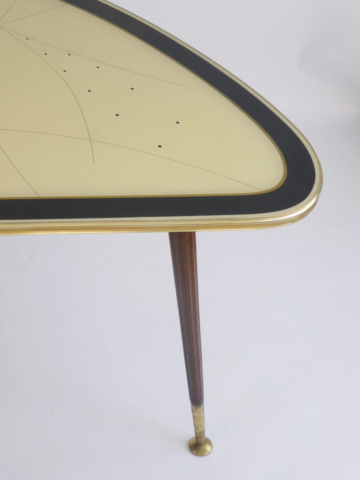 Large Vintage Kidney Shaped Coffee Table, Original Space Age Glass Table With Wooden Legs And Brass Rim photo buy